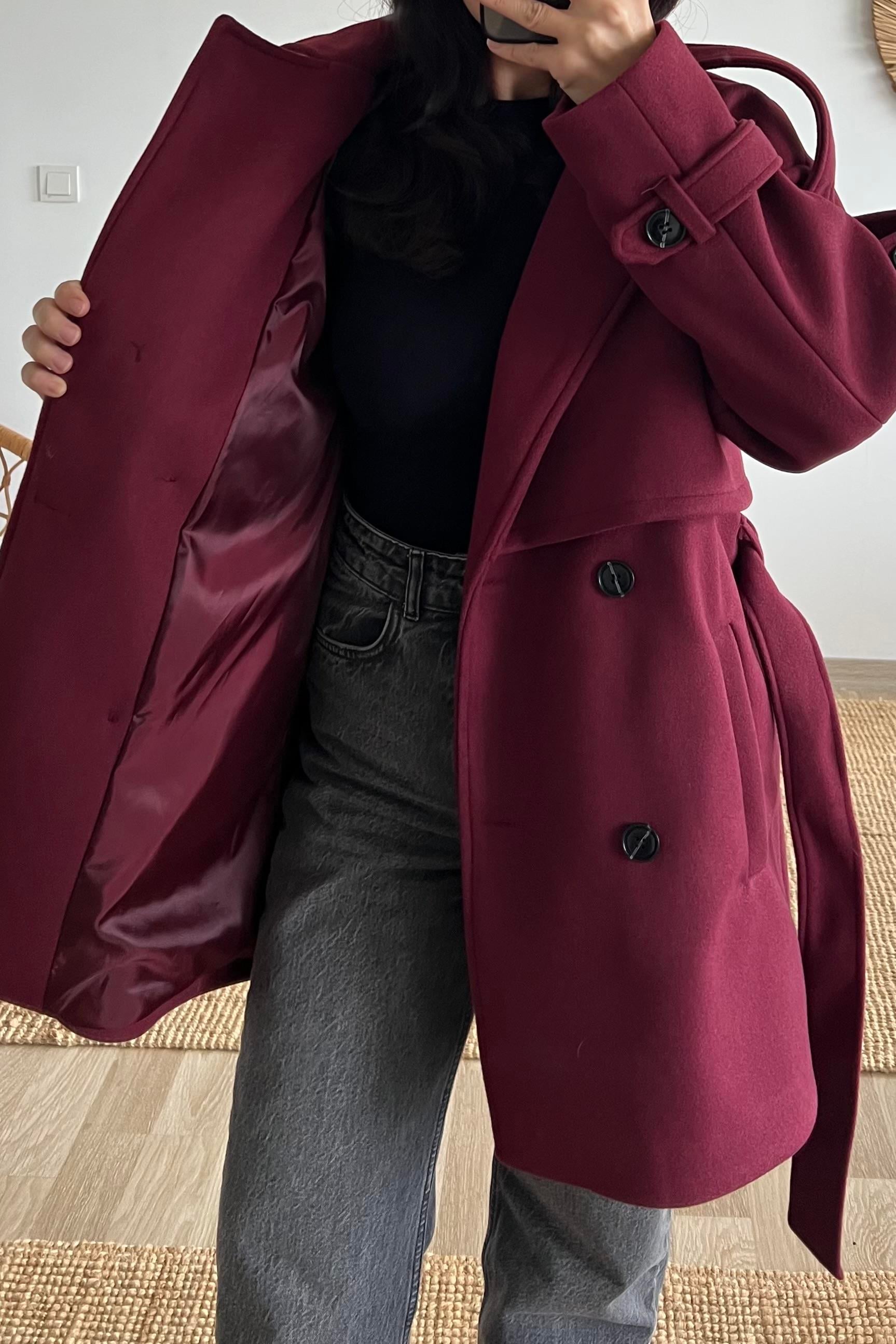 Bordo Kuşaklı Ara Boy Kaşe Kaban uygun fiyatlarda www.butikhola.com adresinde