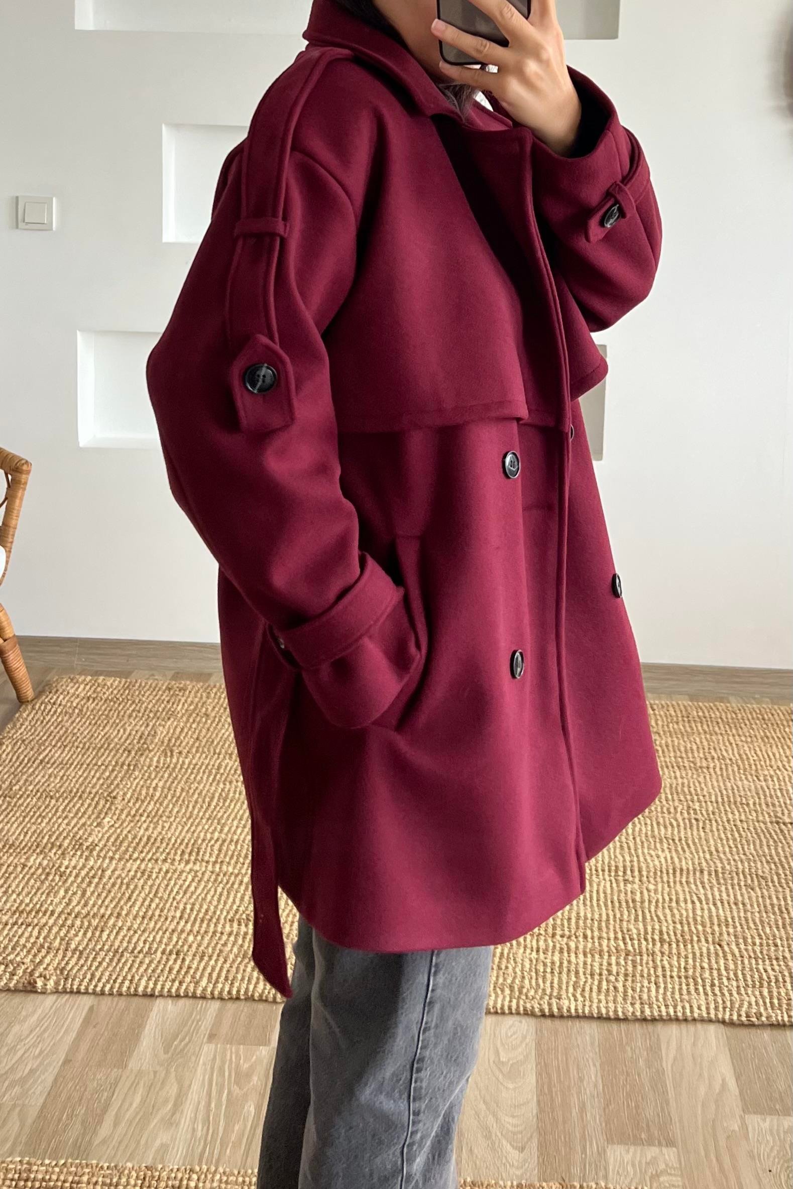 Bordo Kuşaklı Ara Boy Kaşe Kaban uygun fiyatlarda www.butikhola.com adresinde