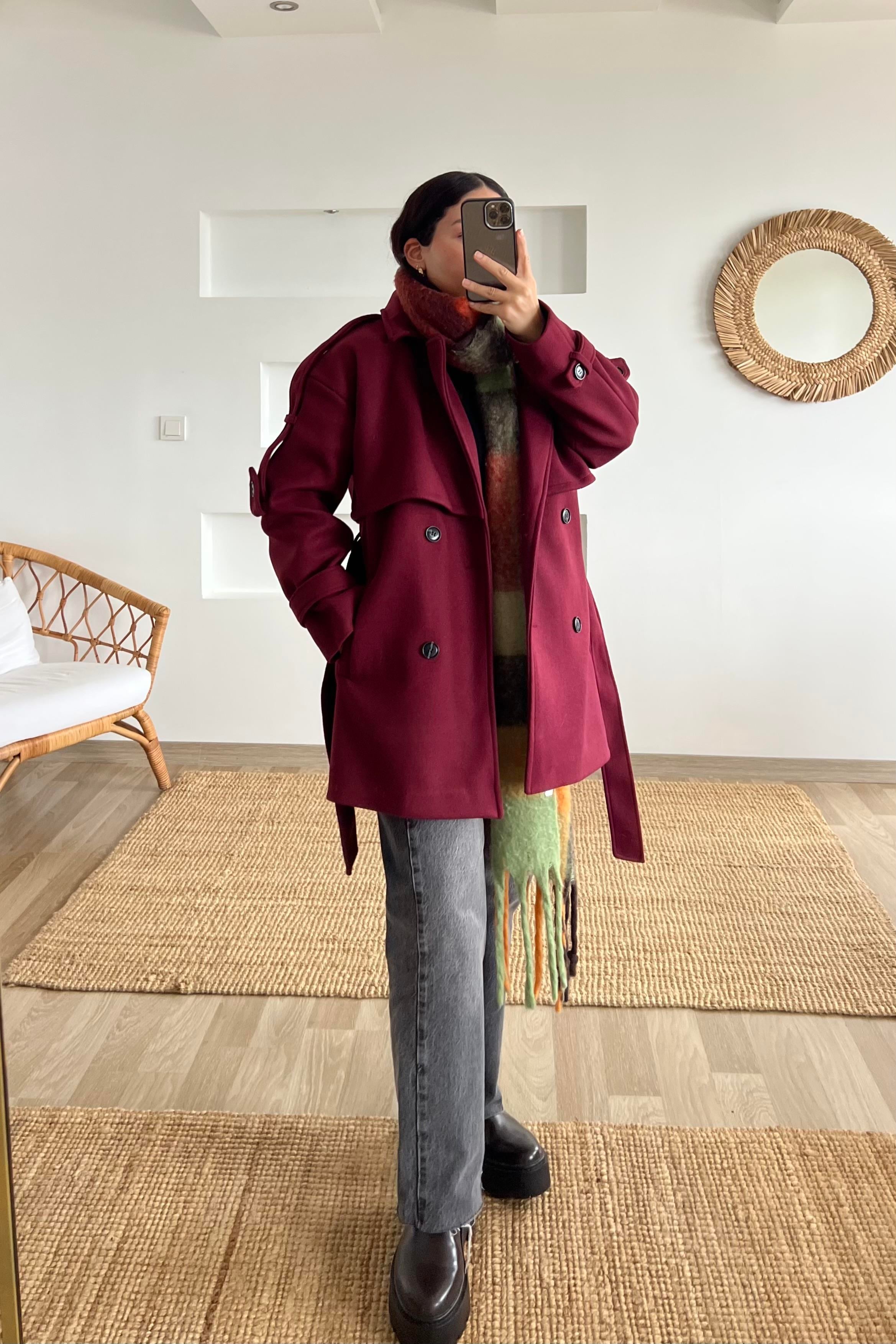 Bordo Kuşaklı Ara Boy Kaşe Kaban uygun fiyatlarda www.butikhola.com adresinde