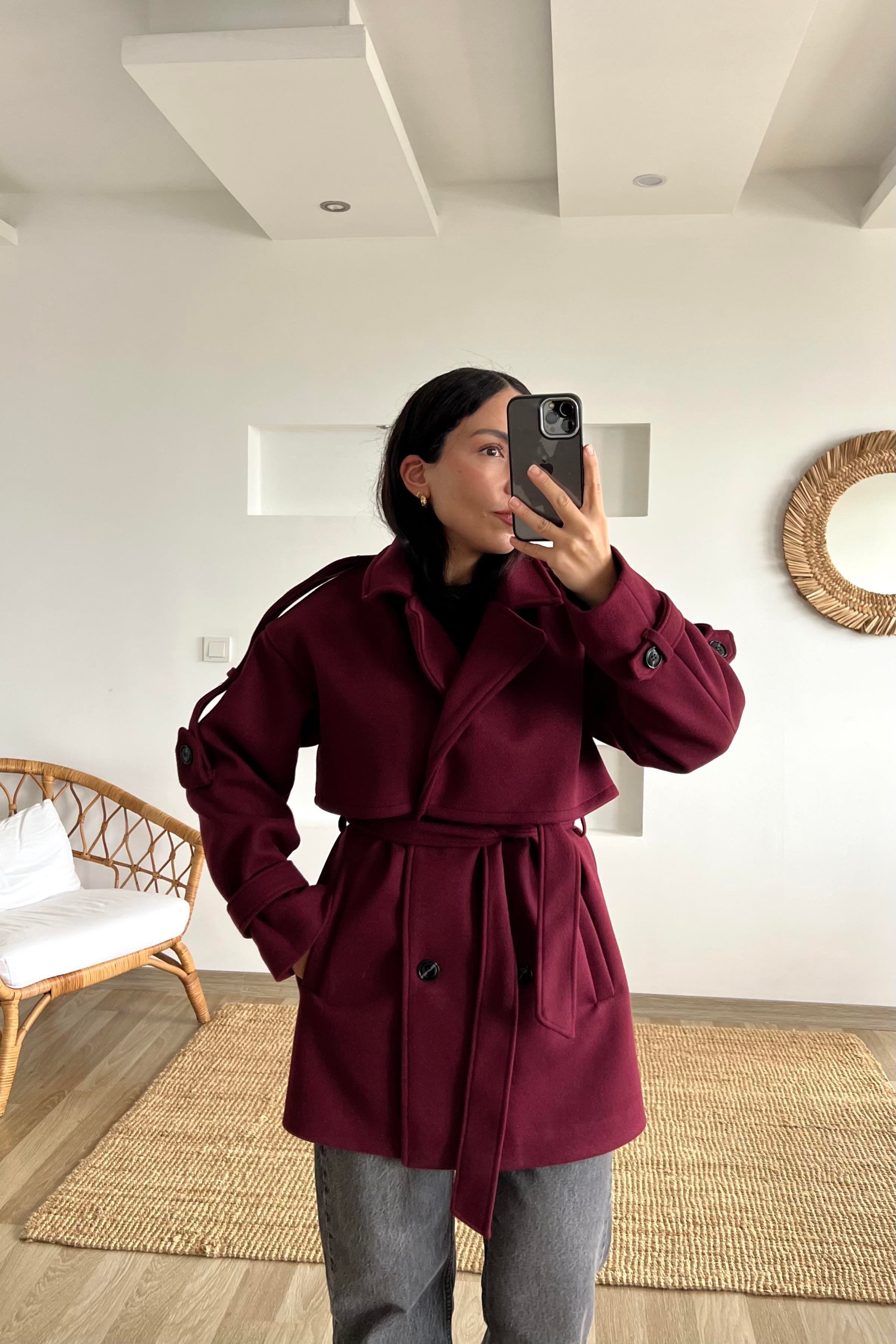 Bordo Kuşaklı Ara Boy Kaşe Kaban uygun fiyatlarda www.butikhola.com adresinde