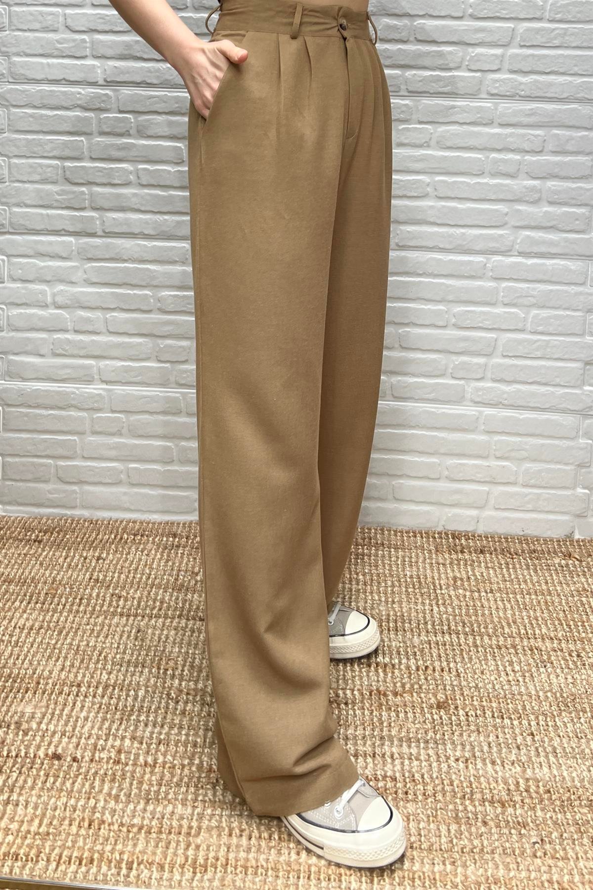 Camel Keten Sedef Düğmeli Gömlek Pantolon Takım uygun fiyatlarda www.butikhola.com adresinde