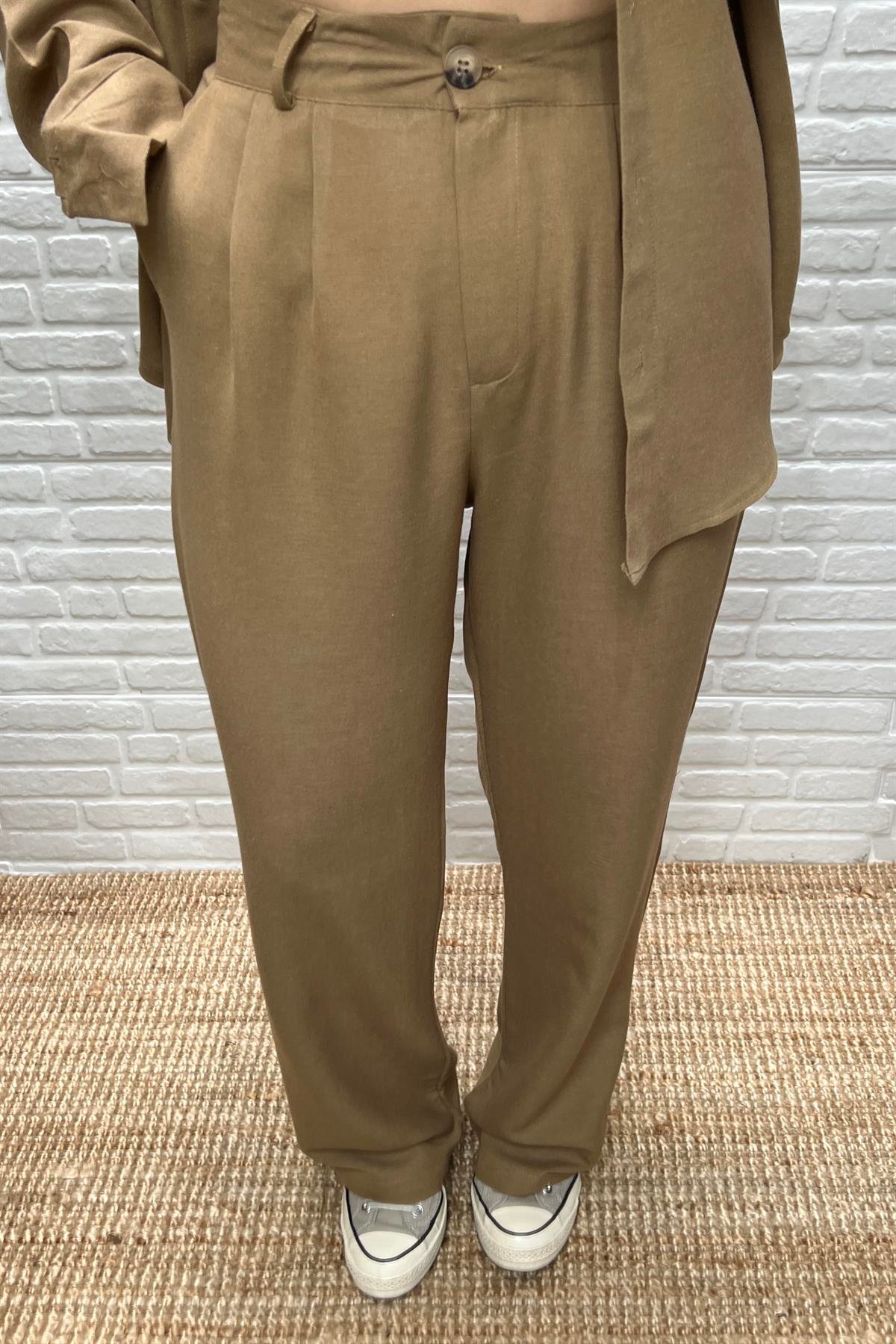 Camel Keten Sedef Düğmeli Gömlek Pantolon Takım uygun fiyatlarda www.butikhola.com adresinde