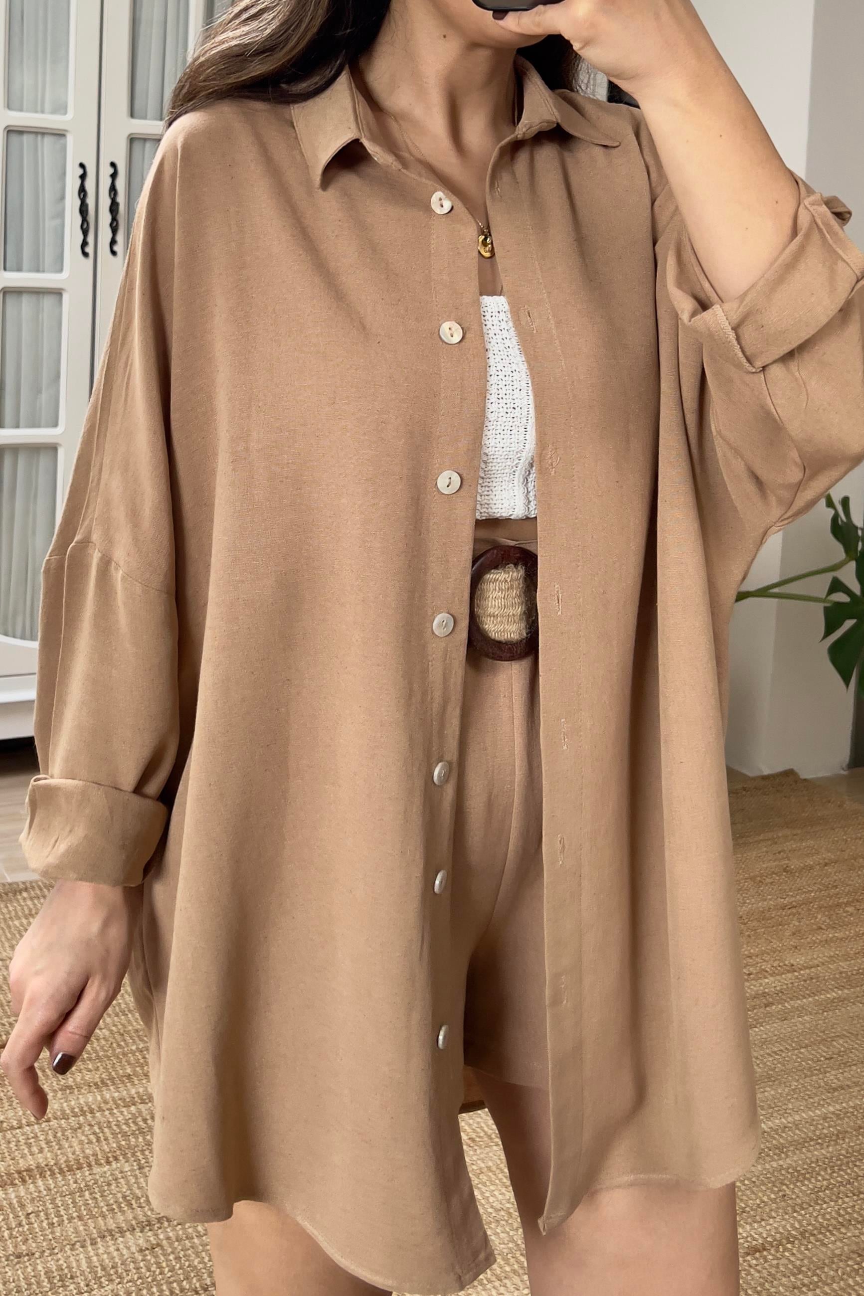 Camel Oversize Keten Gömlek  uygun fiyatlarda www.butikhola.com adresinde