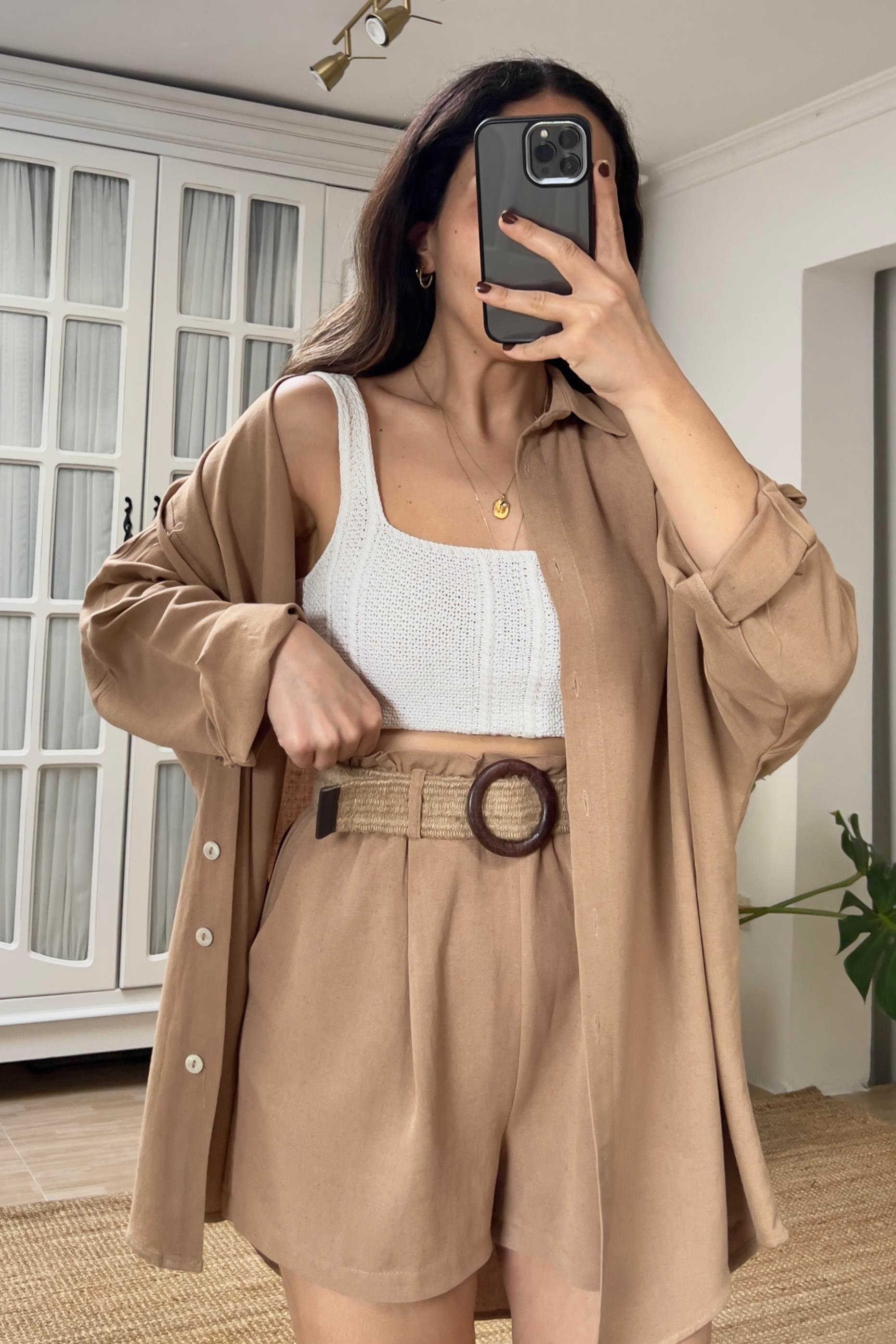 Camel Oversize Keten Gömlek  uygun fiyatlarda www.butikhola.com adresinde