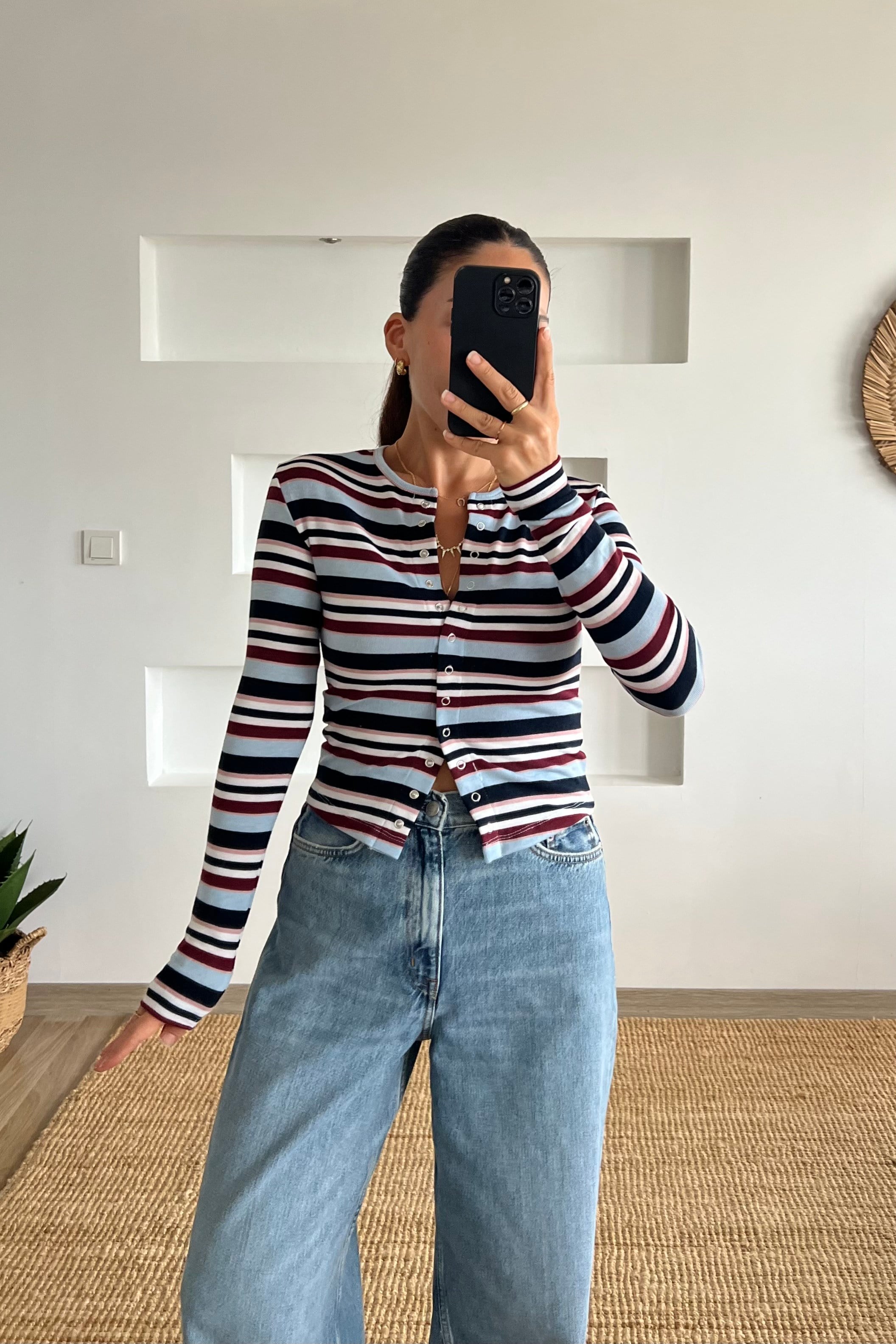 Çizgili Çıtçıtlı Uzun Kollu Bluz uygun fiyatlarda www.butikhola.com adresinde