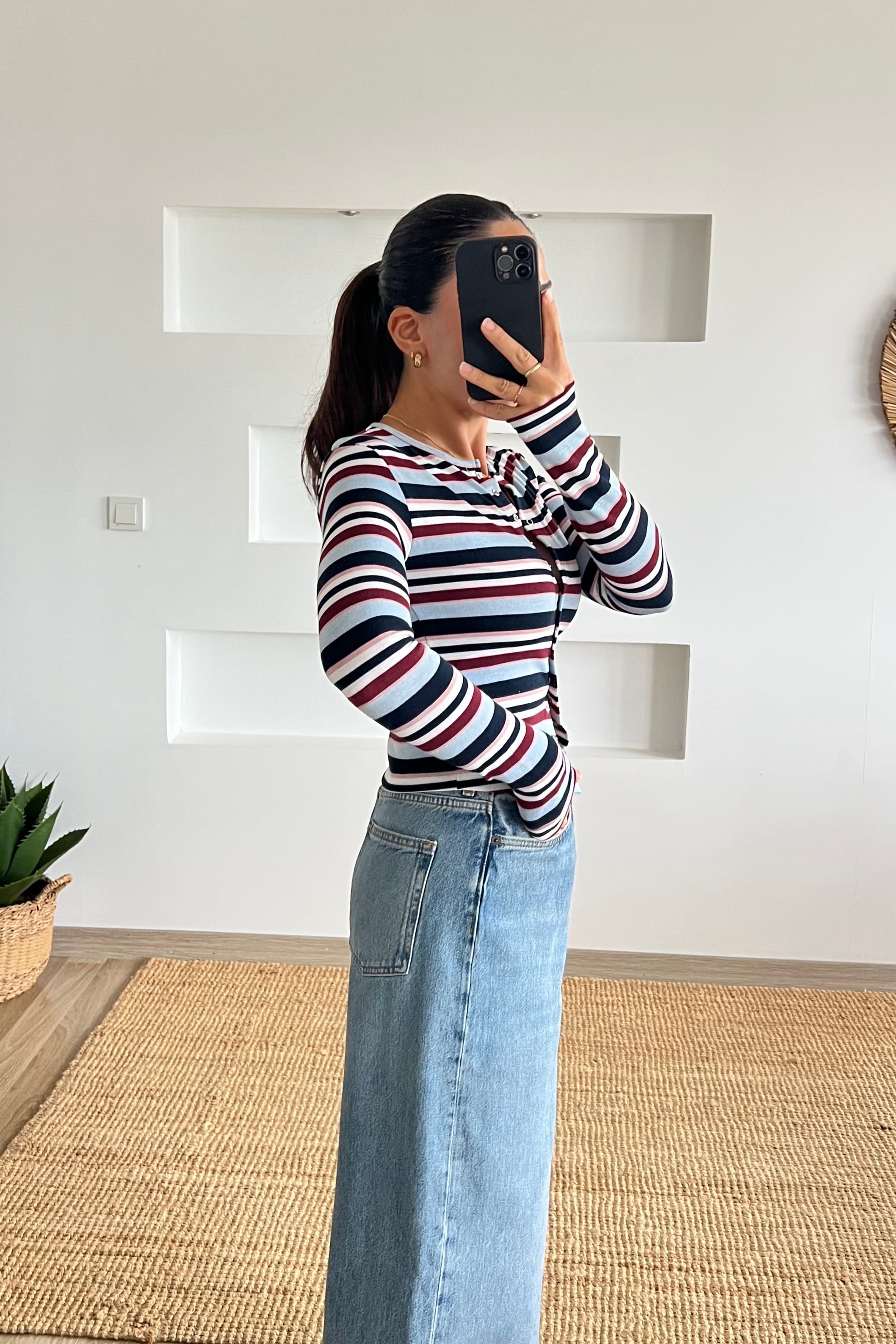 Çizgili Çıtçıtlı Uzun Kollu Bluz uygun fiyatlarda www.butikhola.com adresinde