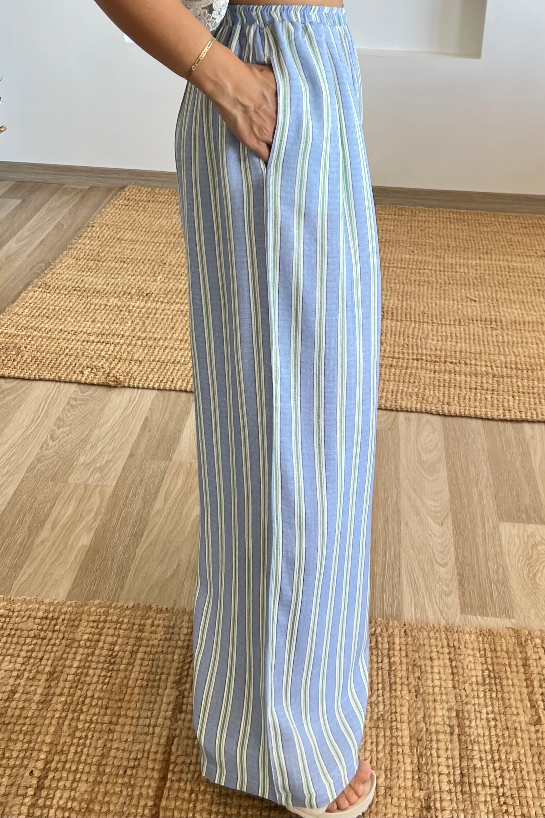 Dantel Detaylı Mavi Çizgli Palazzo Pantolon Takım uygun fiyatlarda www.butikhola.com adresinde