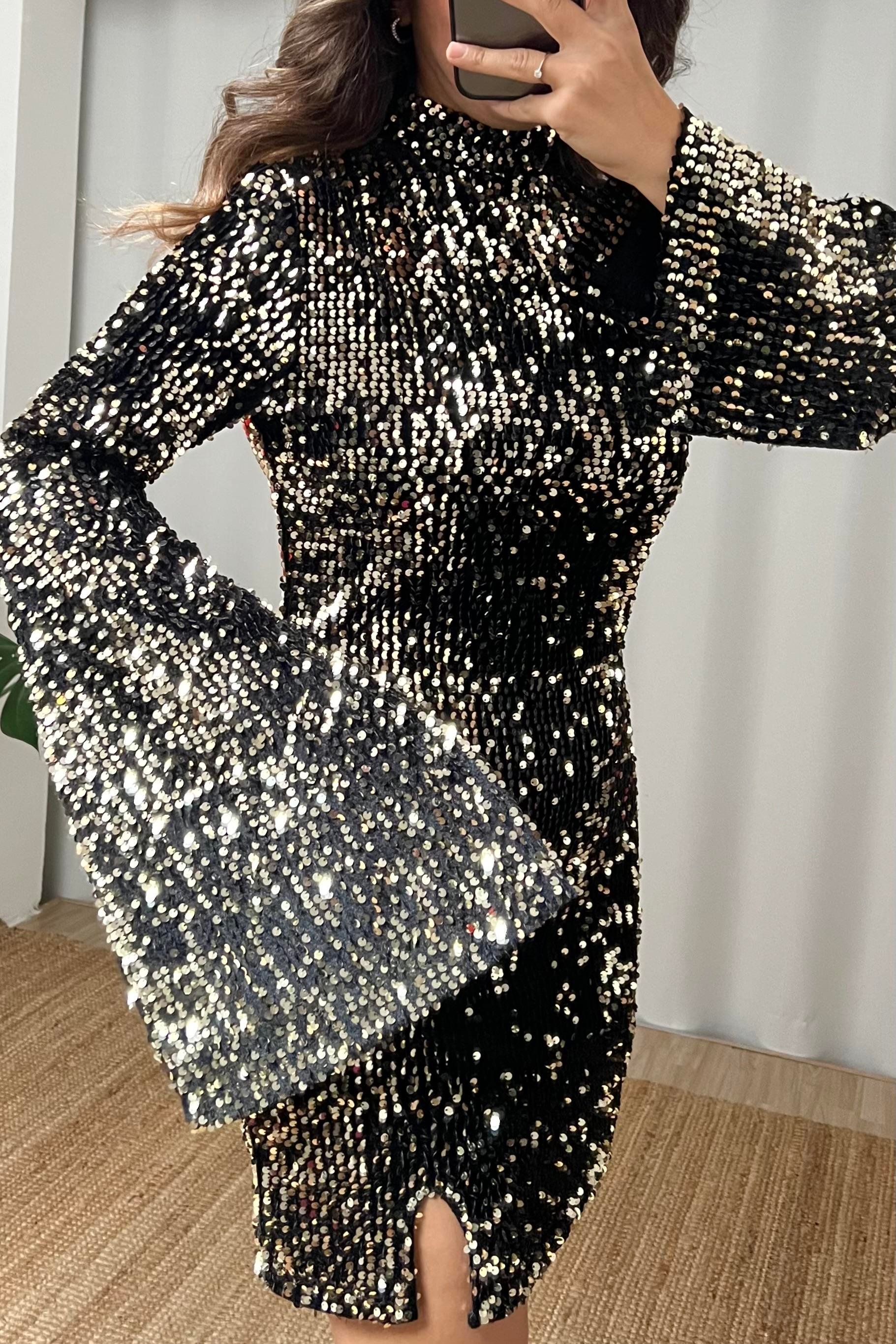 Dik Yaka Payetli Kolları Volanlı Mini Elbise  uygun fiyatlarda www.butikhola.com adresinde