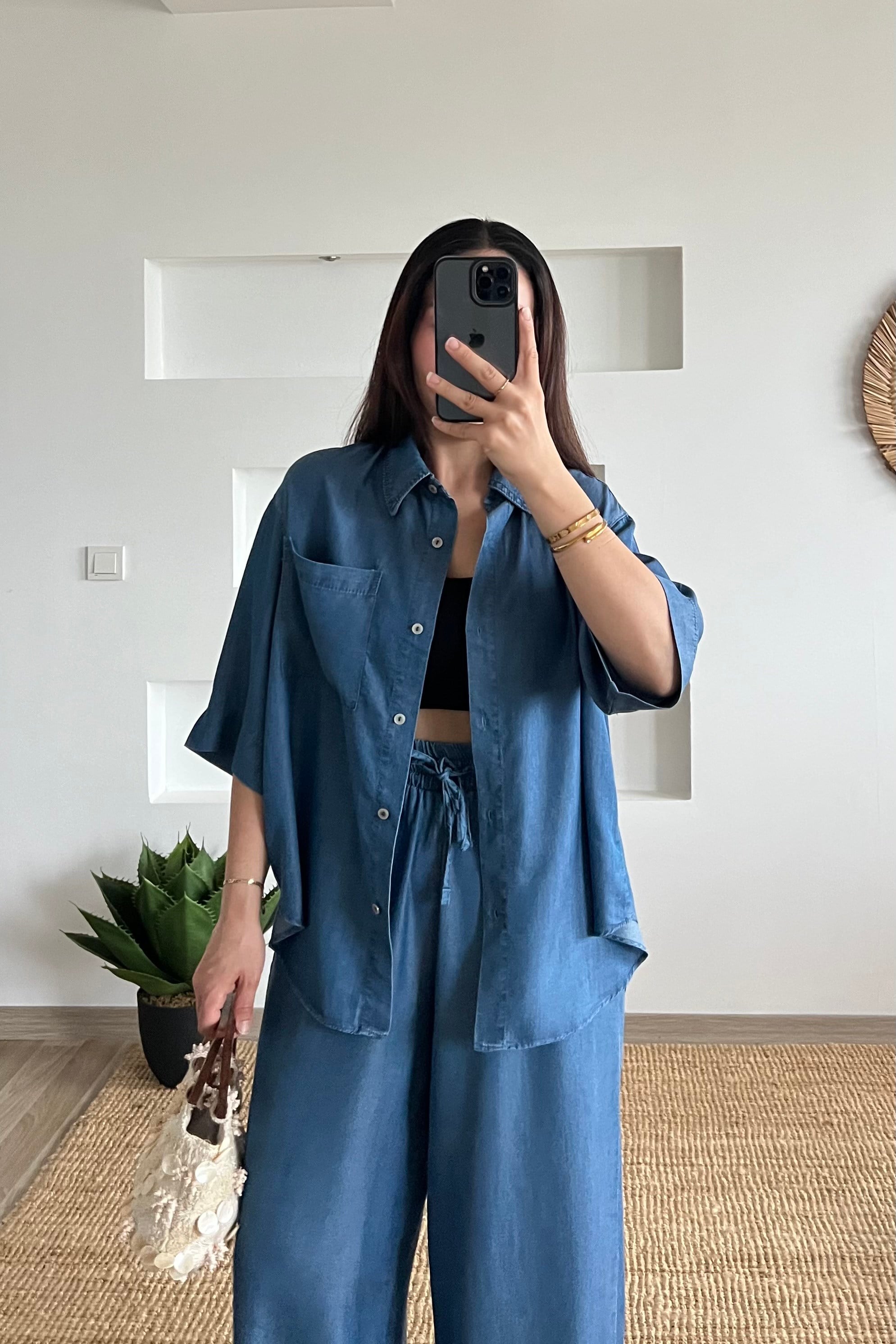 Dökümlü Tensel Gömlek Pantolon Takım uygun fiyatlarda www.butikhola.com adresinde