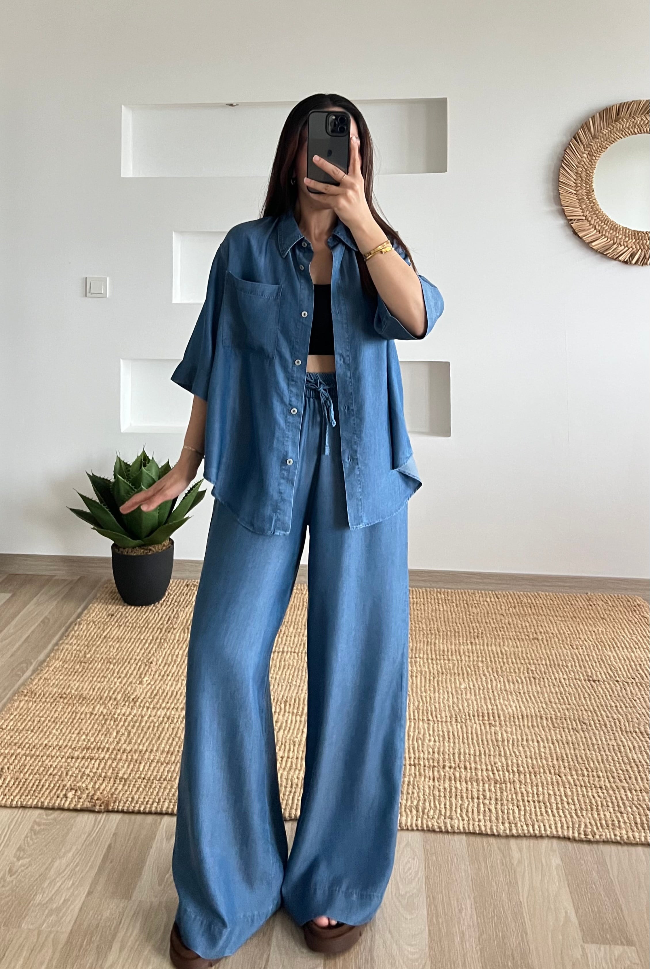 Dökümlü Tensel Gömlek Pantolon Takım uygun fiyatlarda www.butikhola.com adresinde