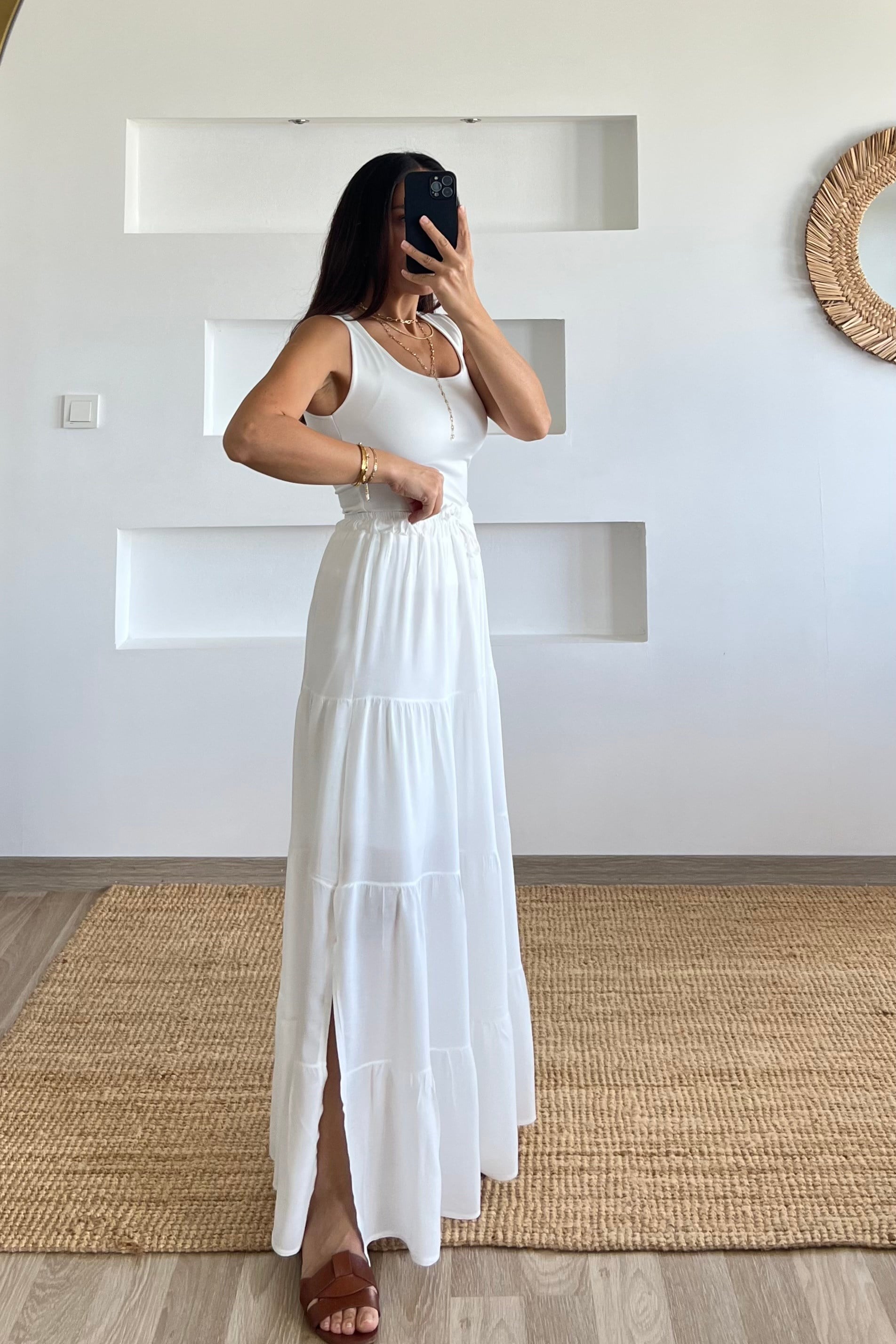 Ekru Astarlı Beli Lastikli Bohem Etek uygun fiyatlarda www.butikhola.com adresinde