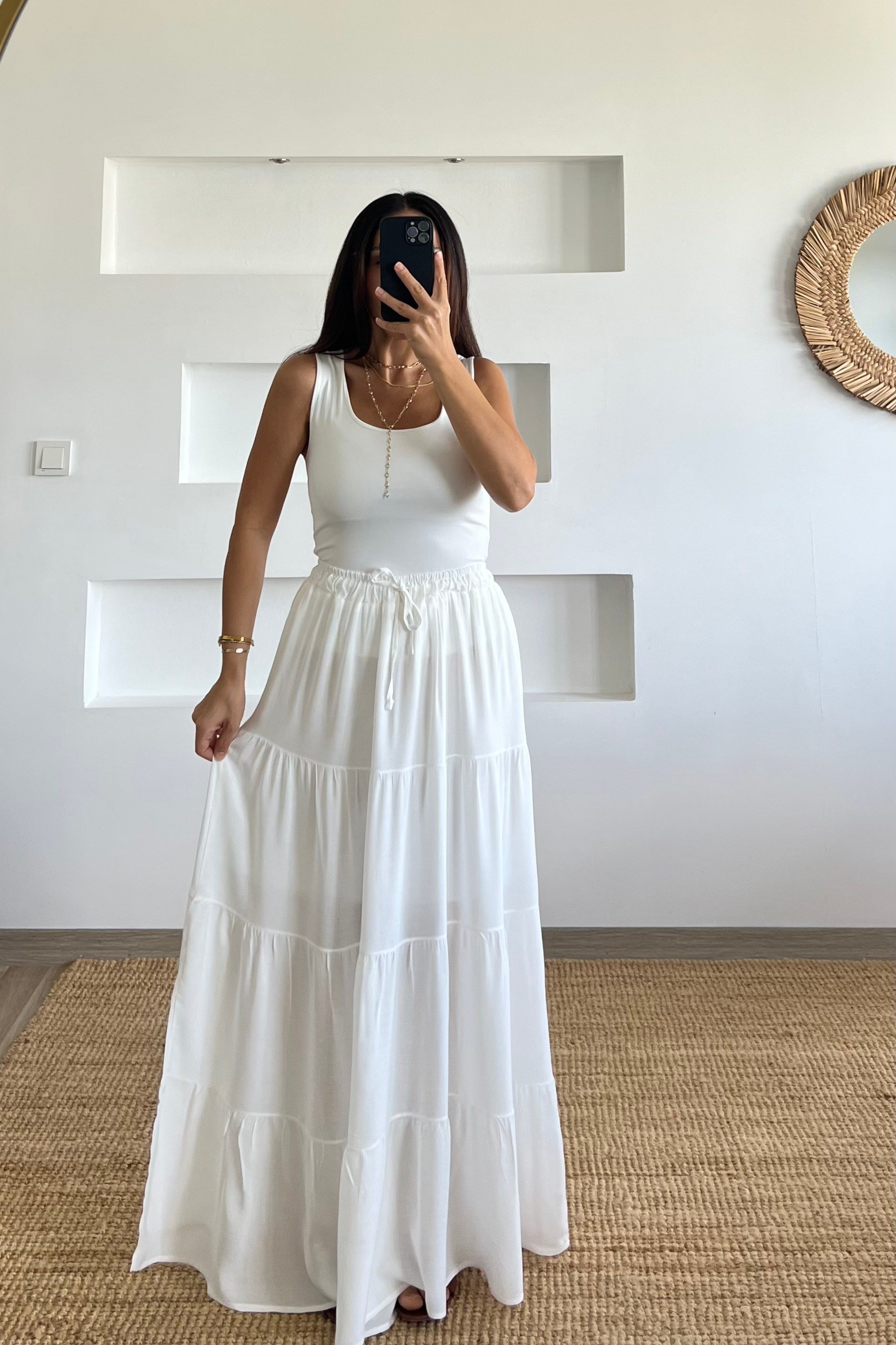 Ekru Astarlı Beli Lastikli Bohem Etek uygun fiyatlarda www.butikhola.com adresinde