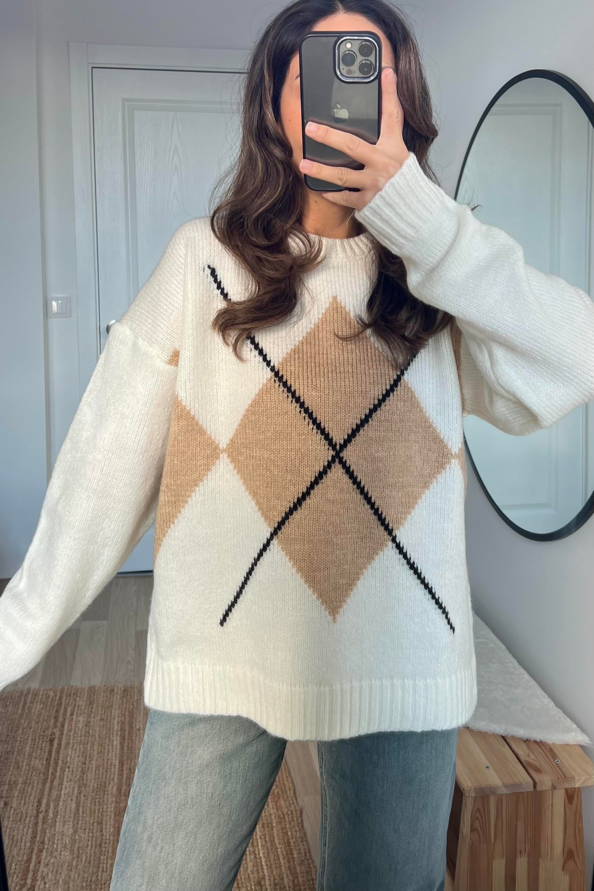 Ekru Bej Baklava Desenli Kazak uygun fiyatlarda www.butikhola.com adresinde