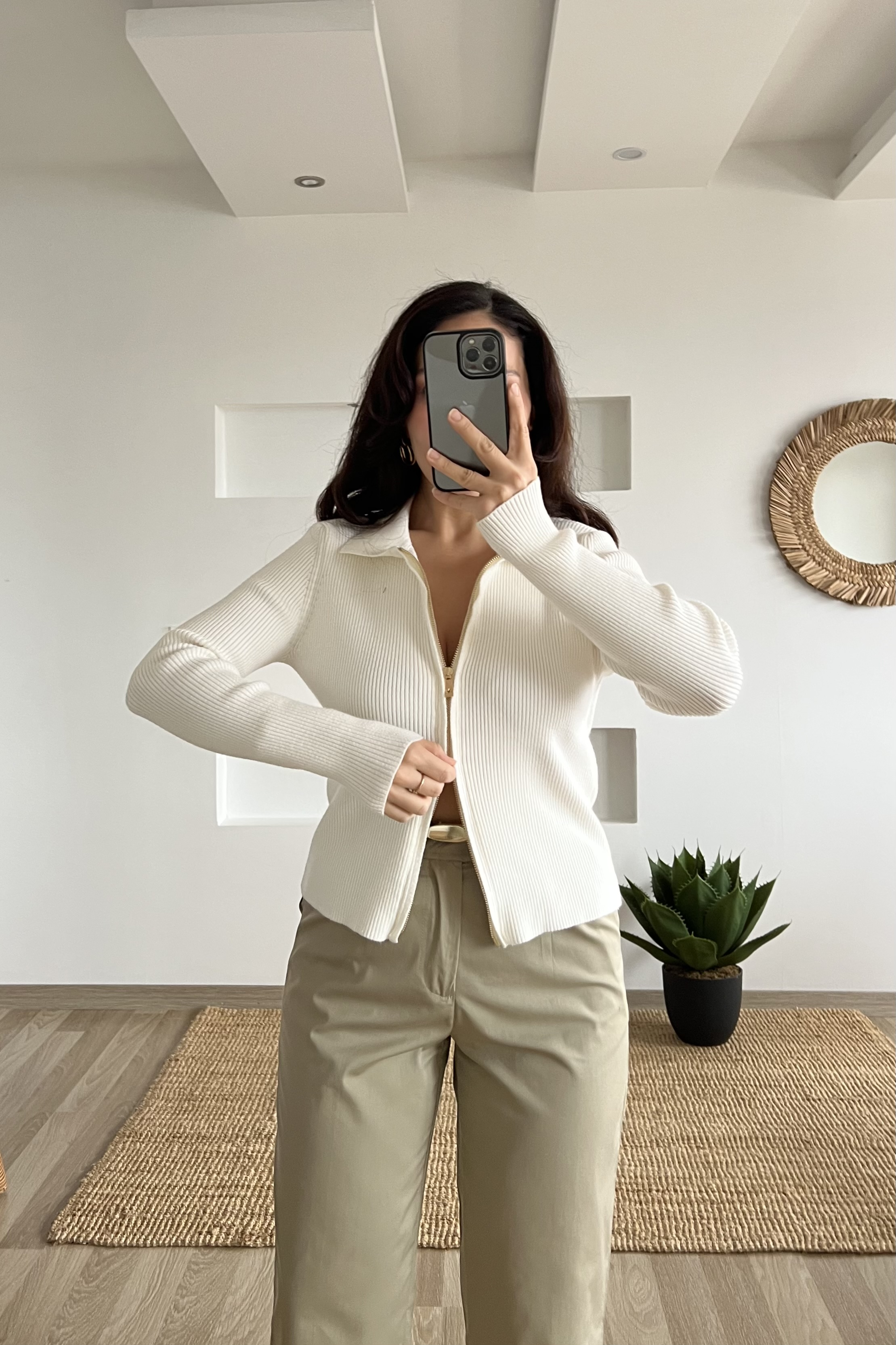 Ekru Çift Fermuarlı Polo Yaka Hırka uygun fiyatlarda www.butikhola.com adresinde