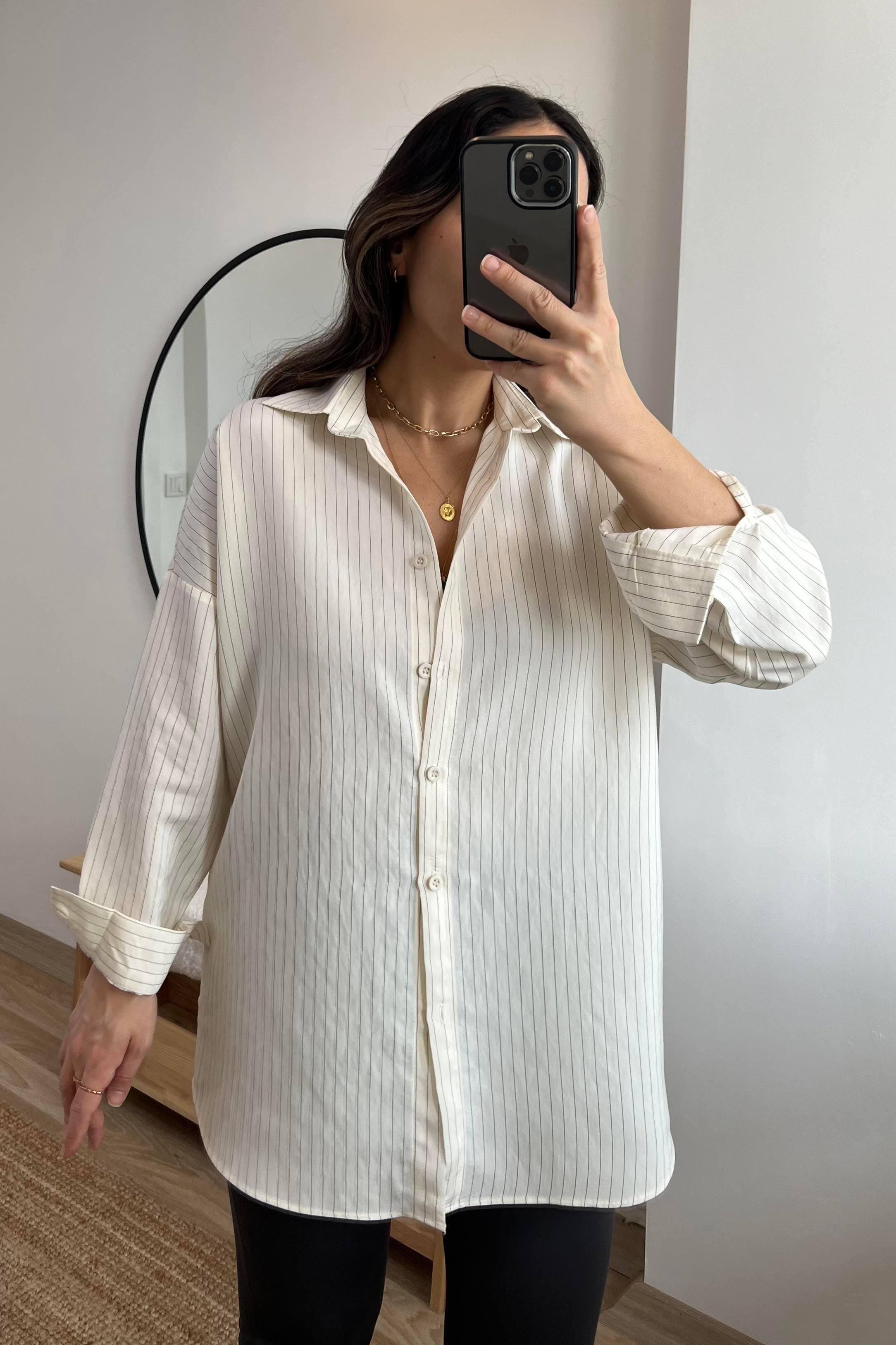 Ekru Çizgili Dökümlü Tensel Gömlek uygun fiyatlarda www.butikhola.com adresinde