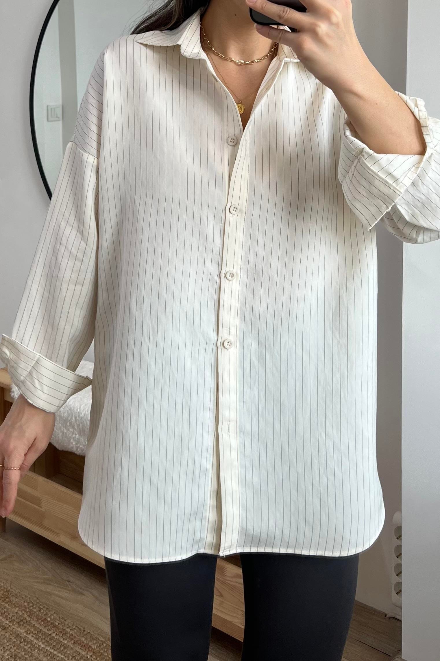 Ekru Çizgili Dökümlü Tensel Gömlek uygun fiyatlarda www.butikhola.com adresinde