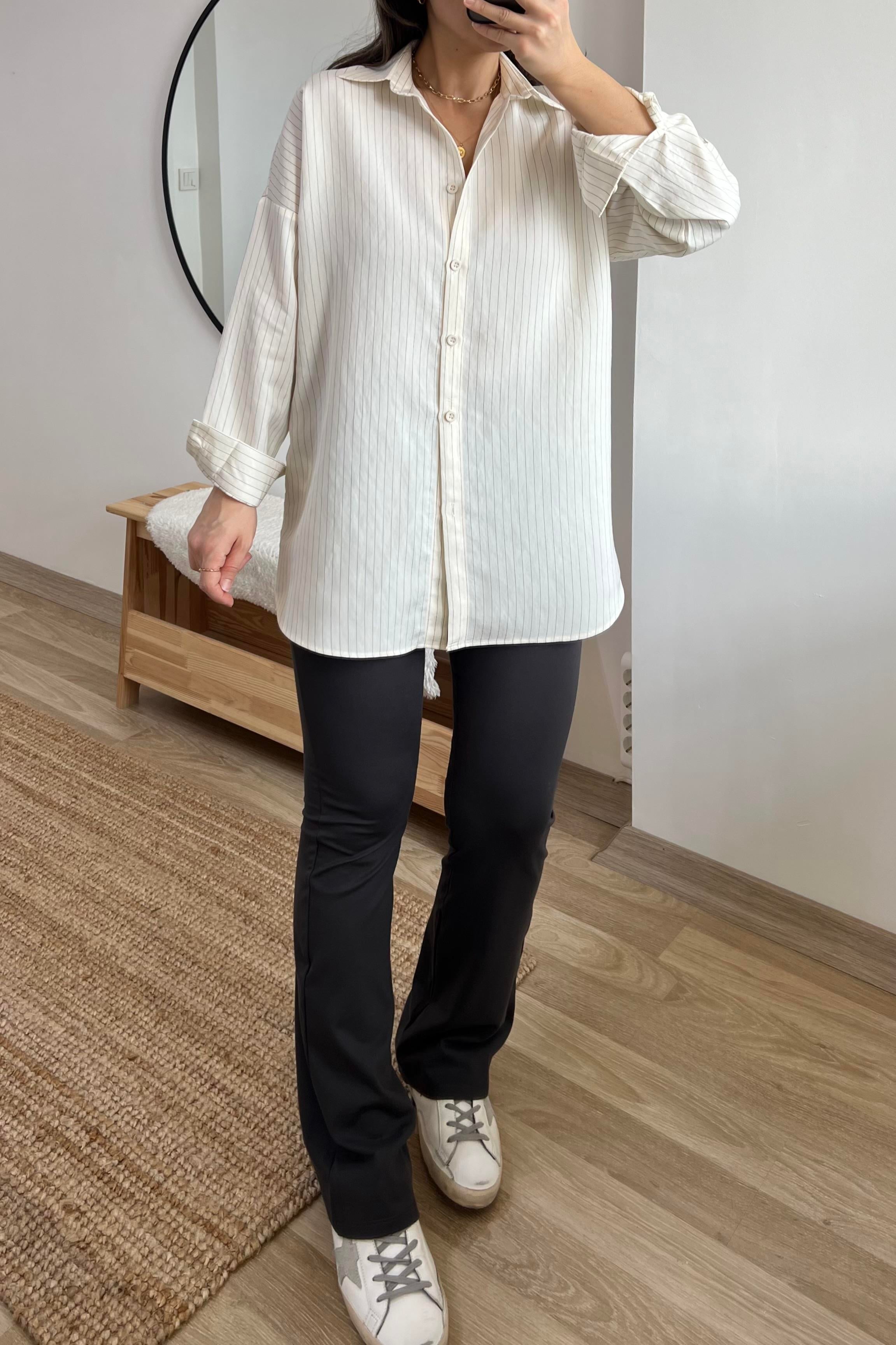 Ekru Çizgili Dökümlü Tensel Gömlek uygun fiyatlarda www.butikhola.com adresinde
