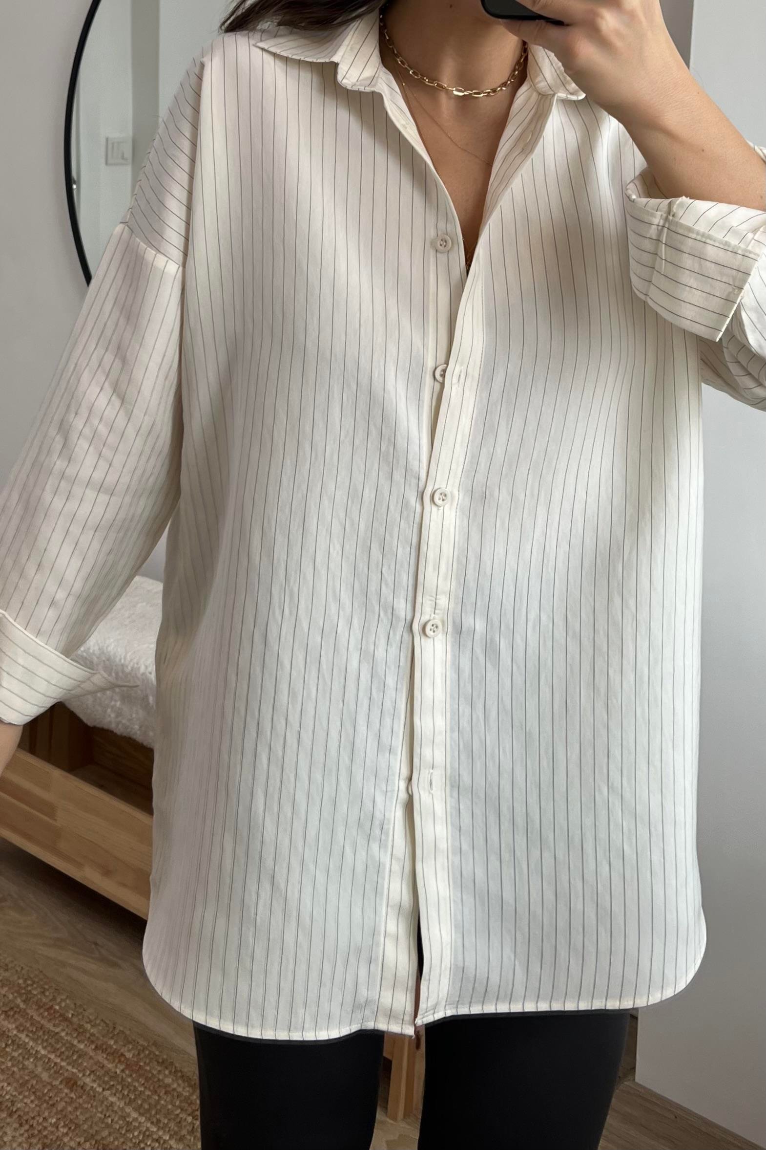 Ekru Çizgili Dökümlü Tensel Gömlek uygun fiyatlarda www.butikhola.com adresinde