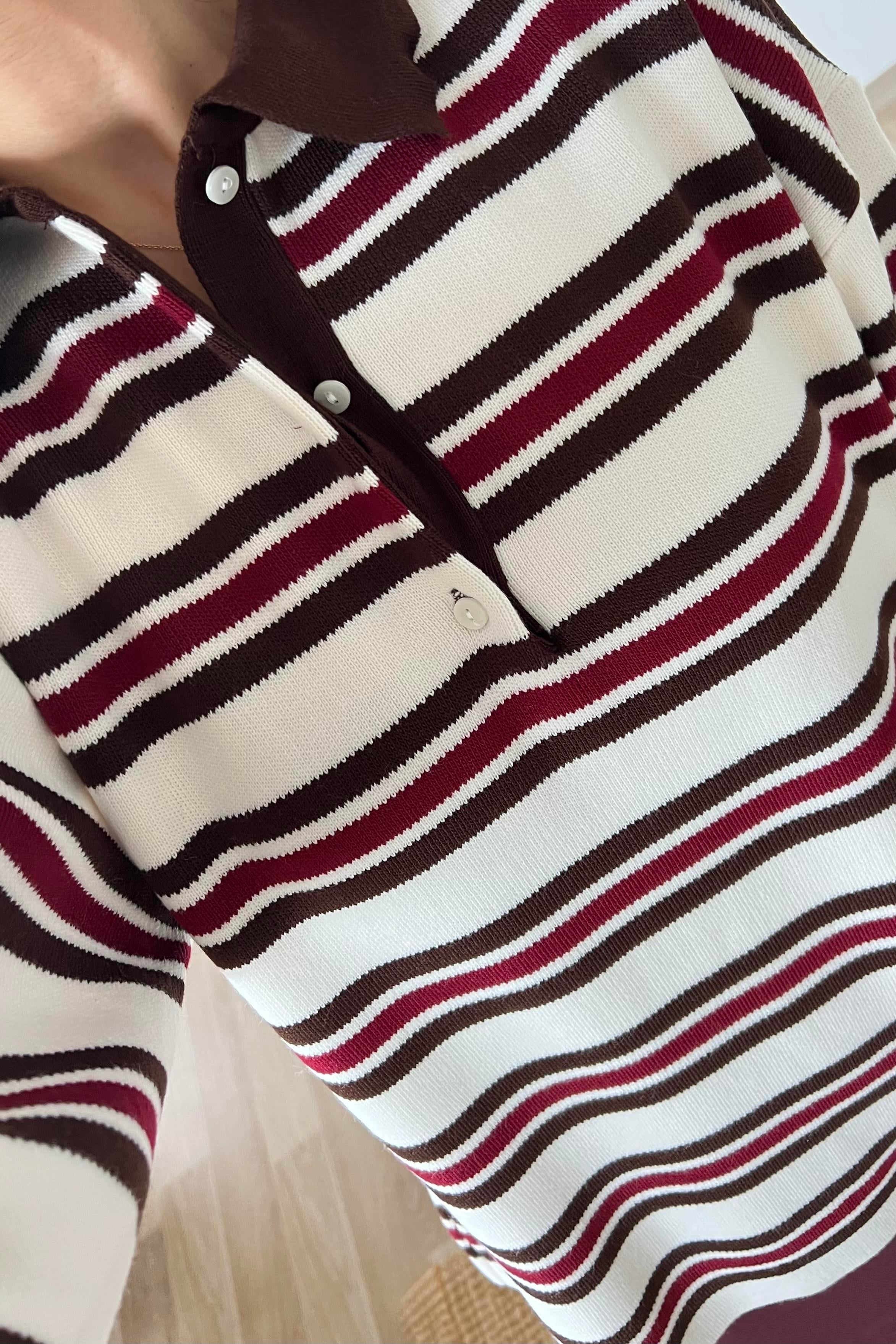 Ekru Çizgili Polo Yaka Kazak uygun fiyatlarda www.butikhola.com adresinde