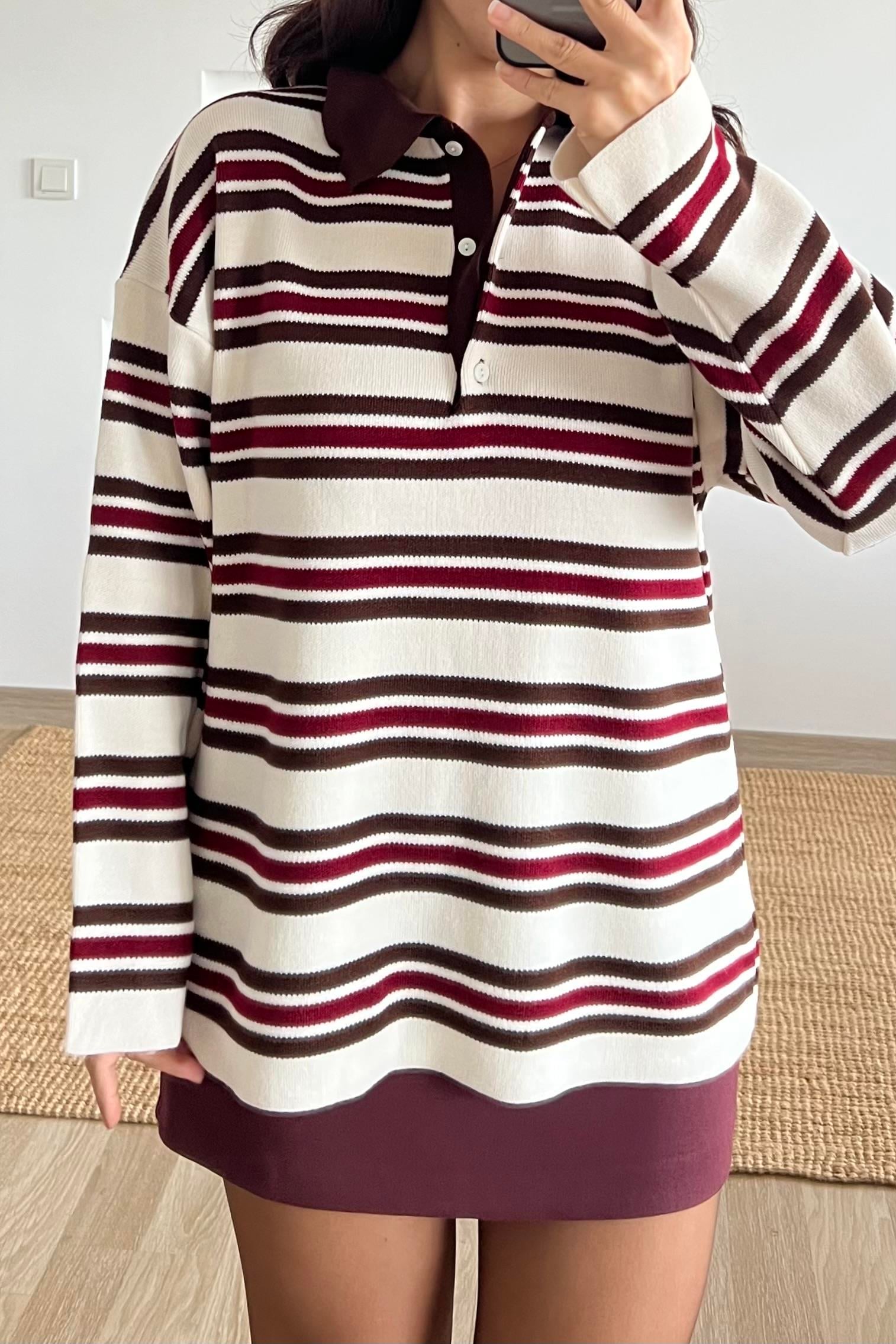 Ekru Çizgili Polo Yaka Kazak uygun fiyatlarda www.butikhola.com adresinde