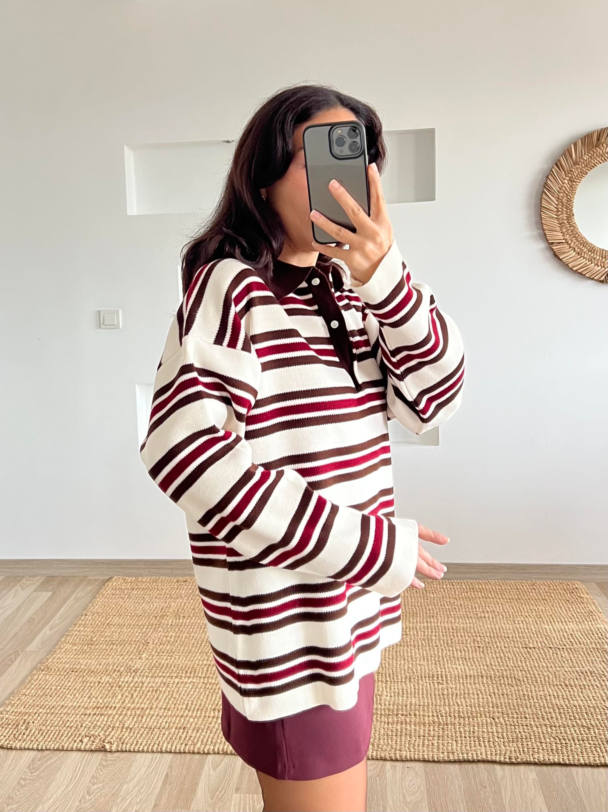 Ekru Çizgili Polo Yaka Kazak uygun fiyatlarda www.butikhola.com adresinde
