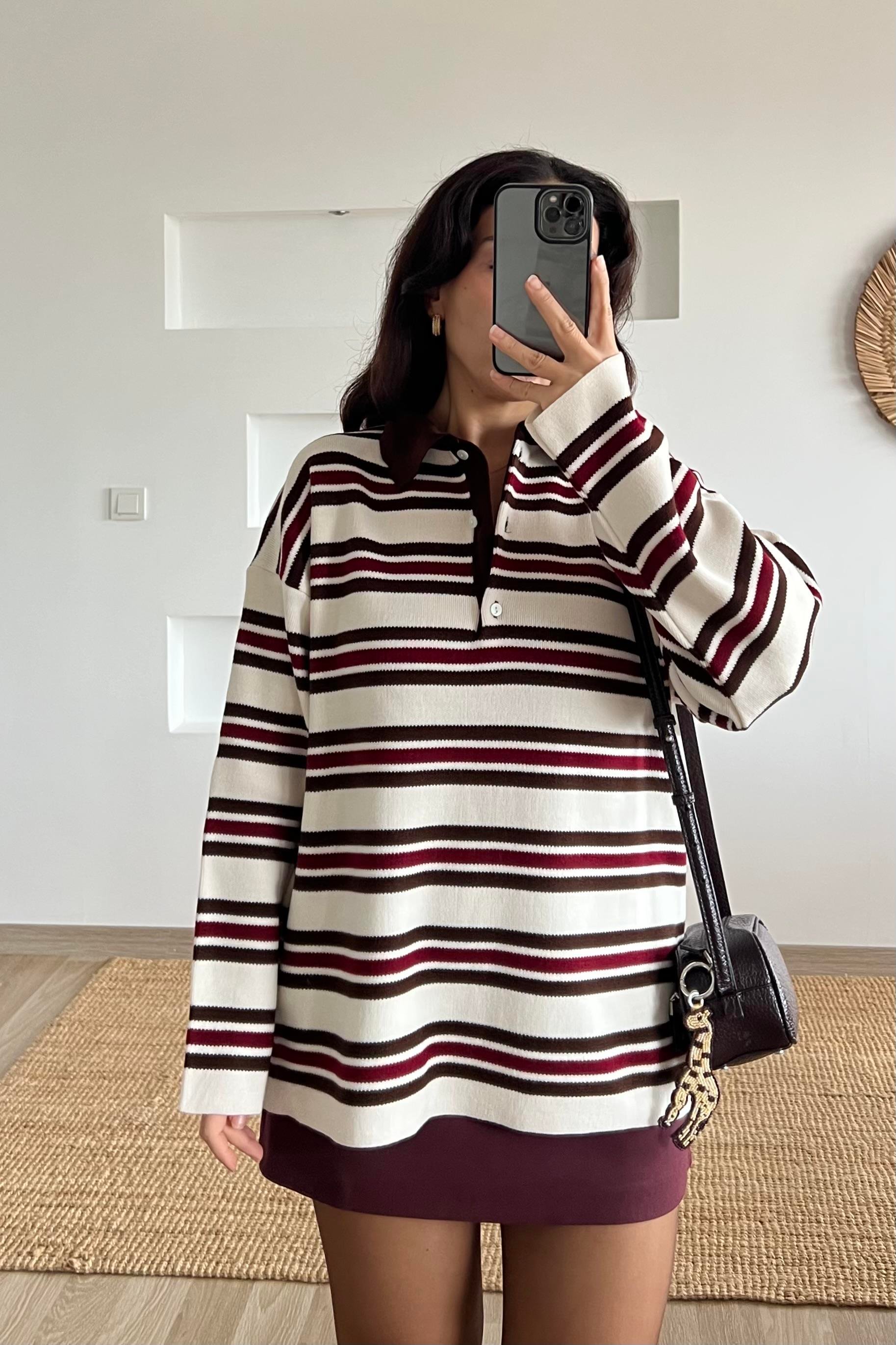 Ekru Çizgili Polo Yaka Kazak uygun fiyatlarda www.butikhola.com adresinde