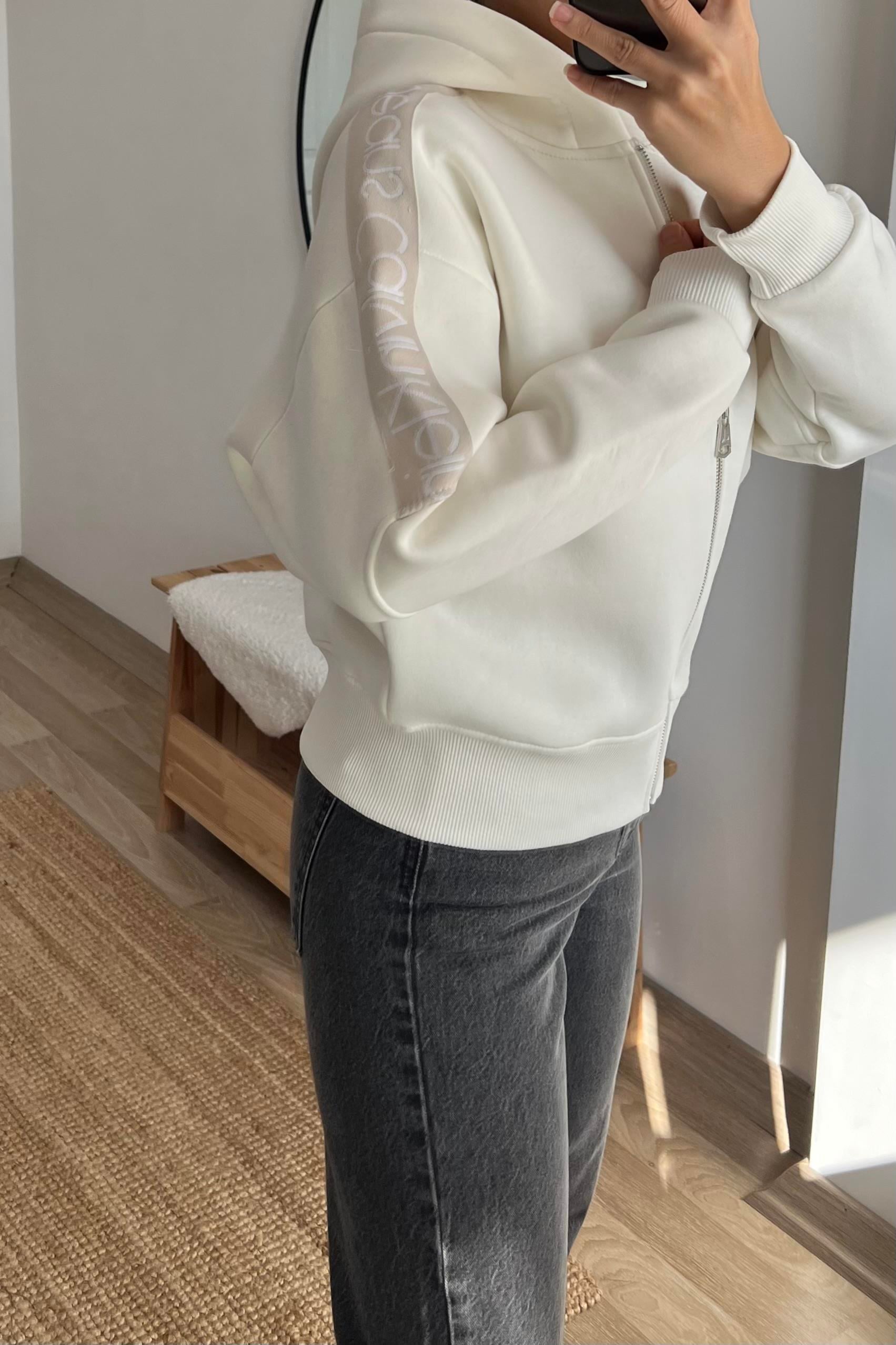 Ekru Ck Şerit Detaylı Kapüşonlu Bomber Sweatshirt  uygun fiyatlarda www.butikhola.com adresinde