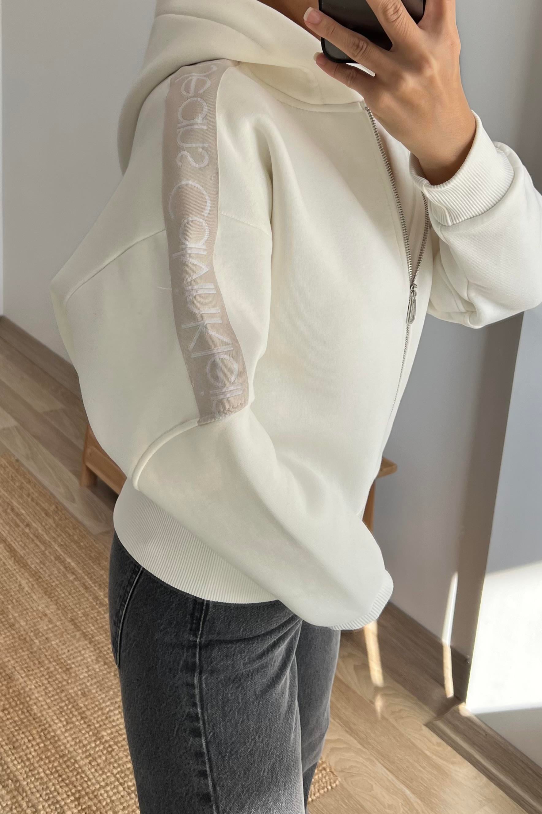 Ekru Ck Şerit Detaylı Kapüşonlu Bomber Sweatshirt  uygun fiyatlarda www.butikhola.com adresinde