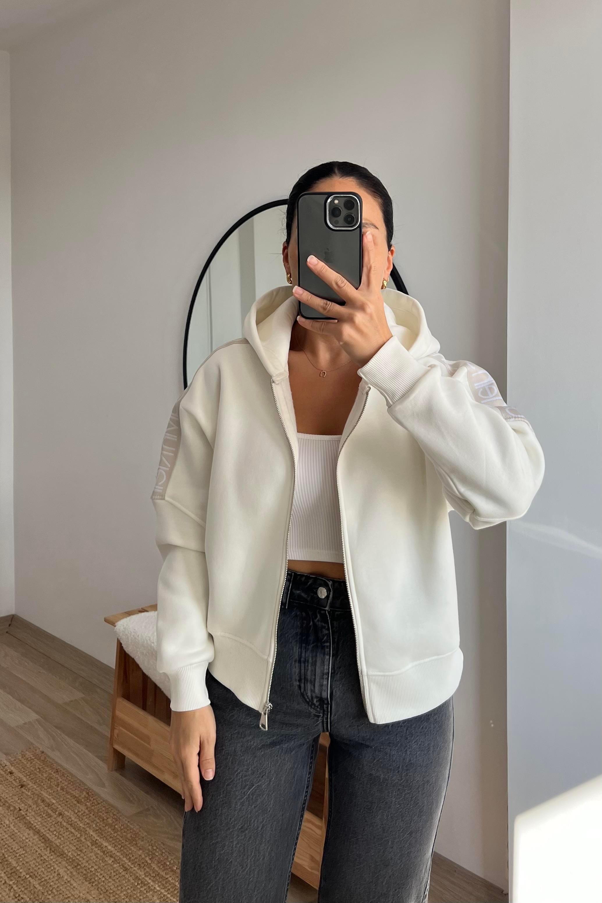 Ekru Ck Şerit Detaylı Kapüşonlu Bomber Sweatshirt  uygun fiyatlarda www.butikhola.com adresinde
