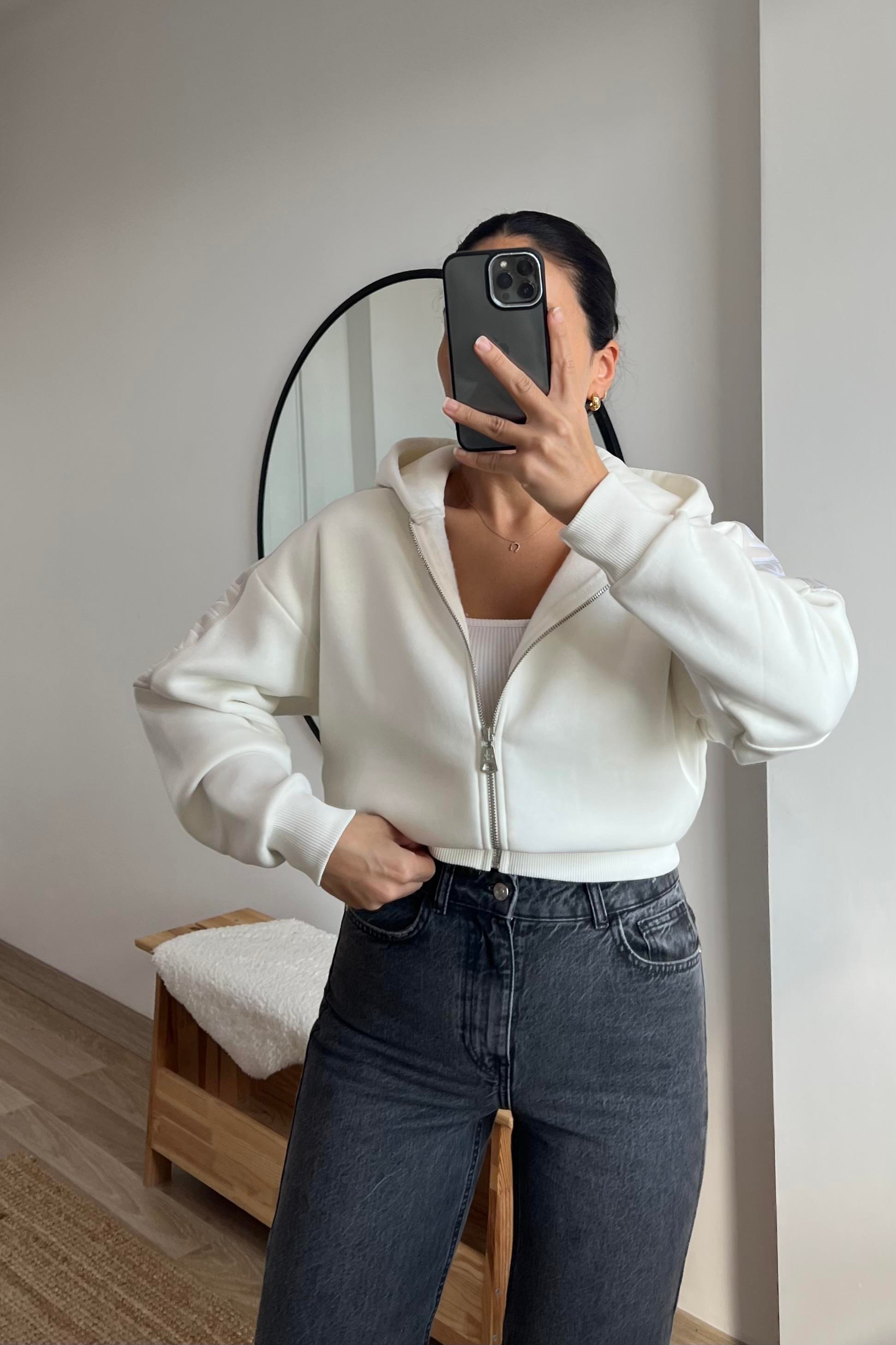 Ekru Ck Şerit Detaylı Kapüşonlu Bomber Sweatshirt  uygun fiyatlarda www.butikhola.com adresinde