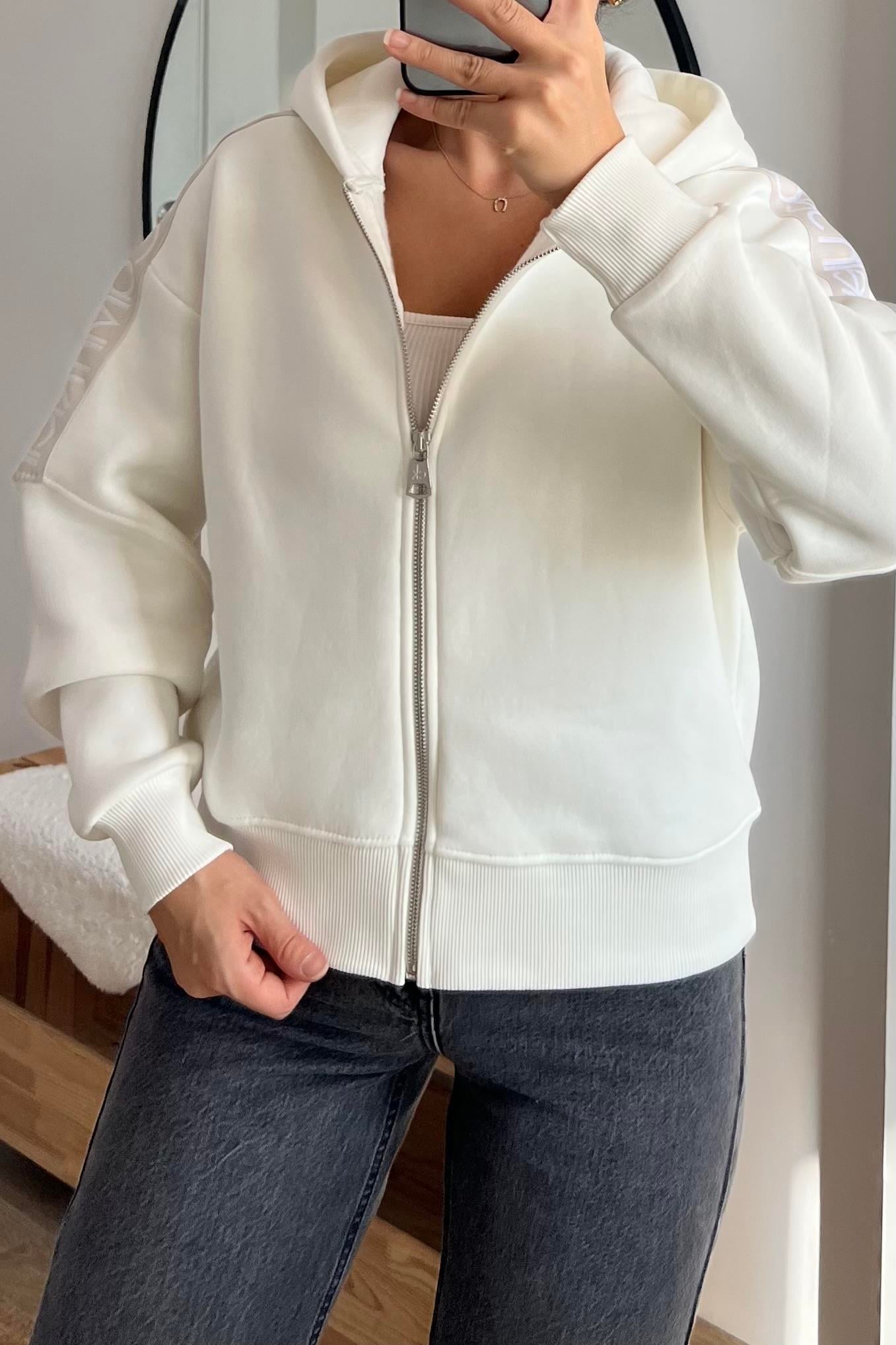 Ekru Ck Şerit Detaylı Kapüşonlu Bomber Sweatshirt  uygun fiyatlarda www.butikhola.com adresinde