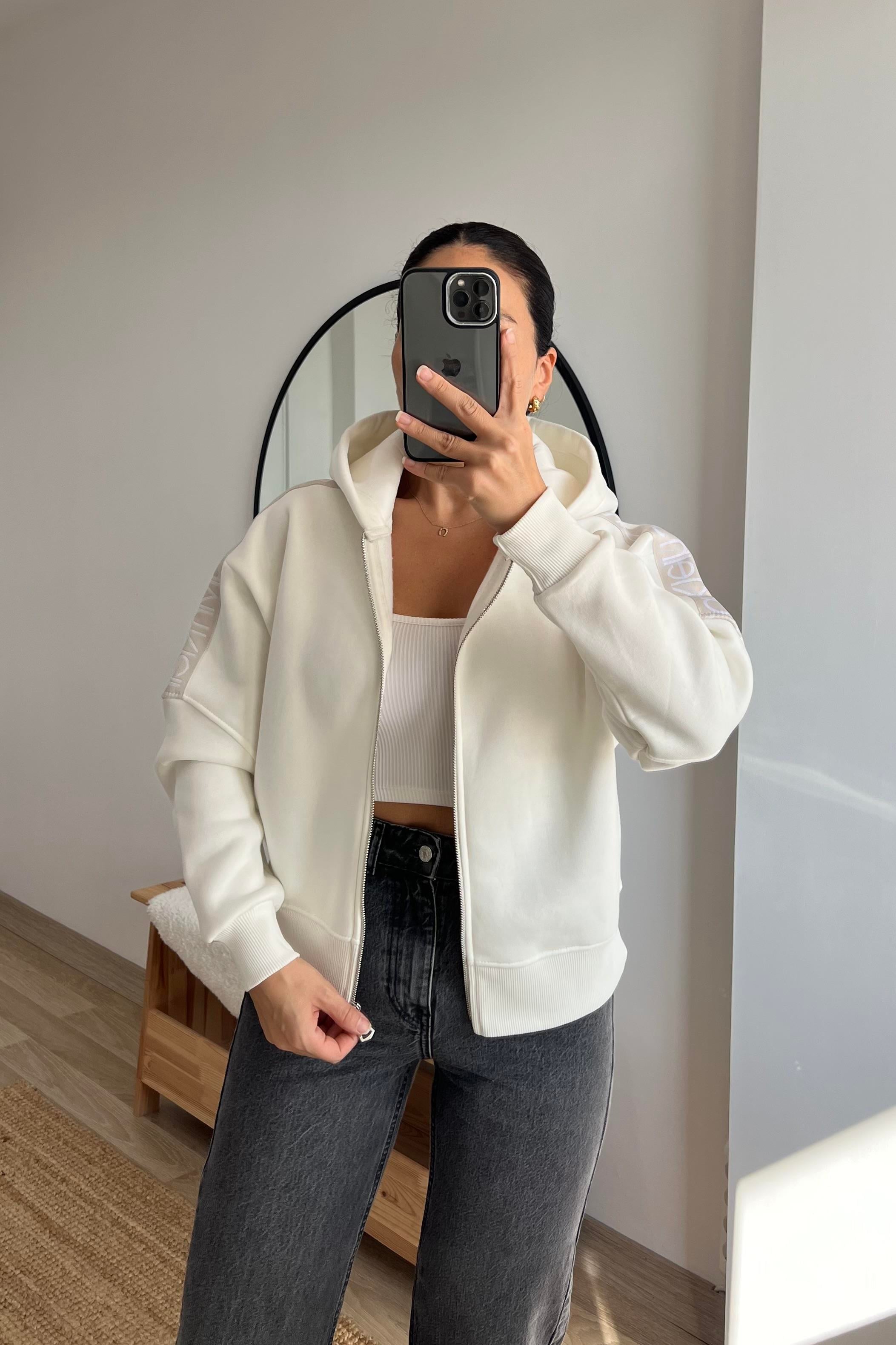 Ekru Ck Şerit Detaylı Kapüşonlu Bomber Sweatshirt  uygun fiyatlarda www.butikhola.com adresinde