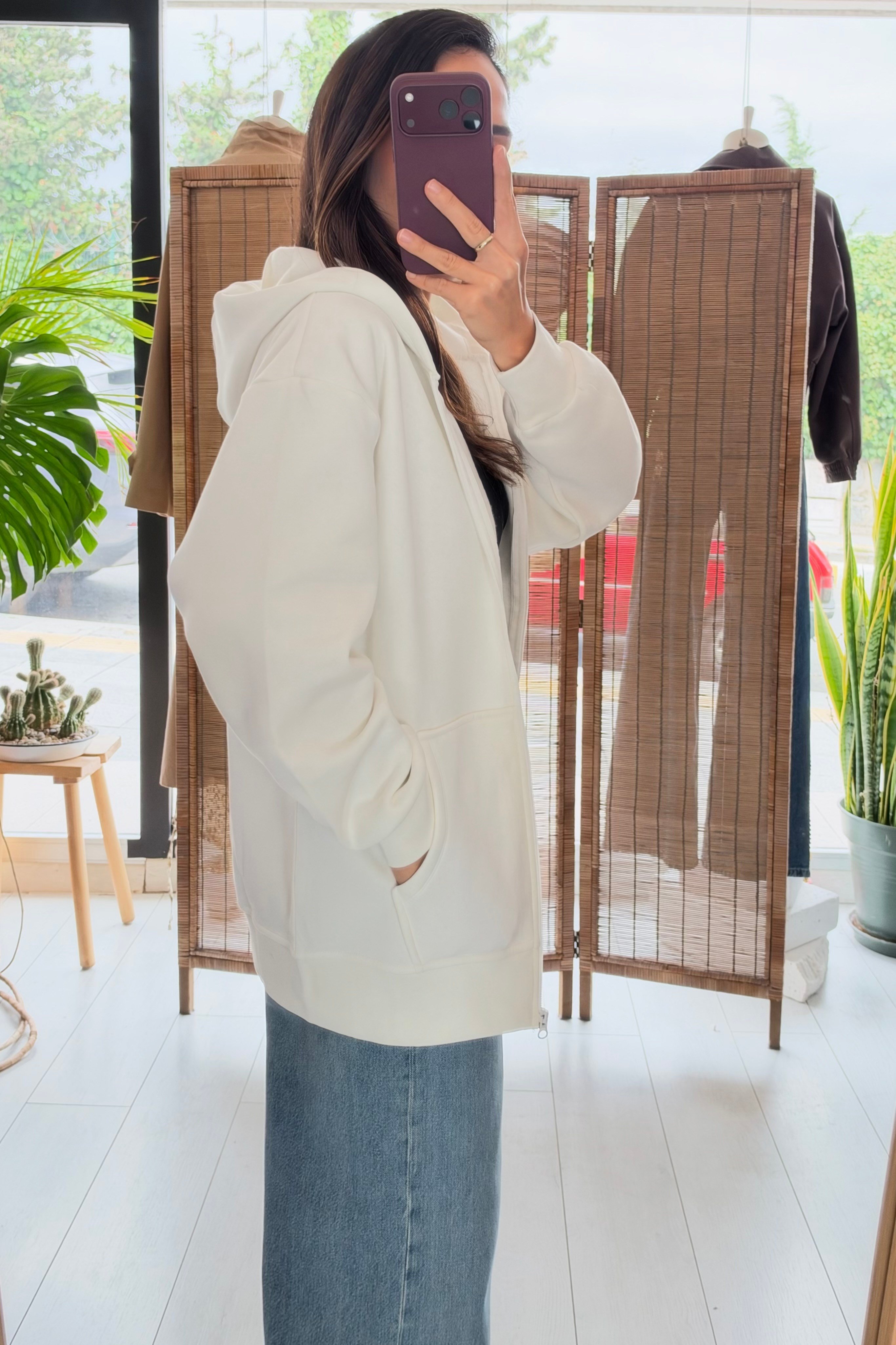 Ekru Kapüşonlu Fermuarlı Sweat Hırka uygun fiyatlarda www.butikhola.com adresinde