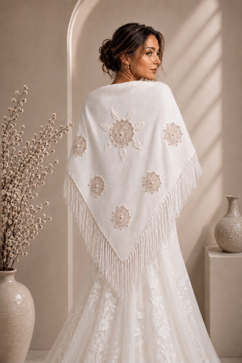 Ekru Triko İşlemeli İnci Detaylı Püsküllü Üçgen Şal uygun fiyatlarda www.butikhola.com adresinde