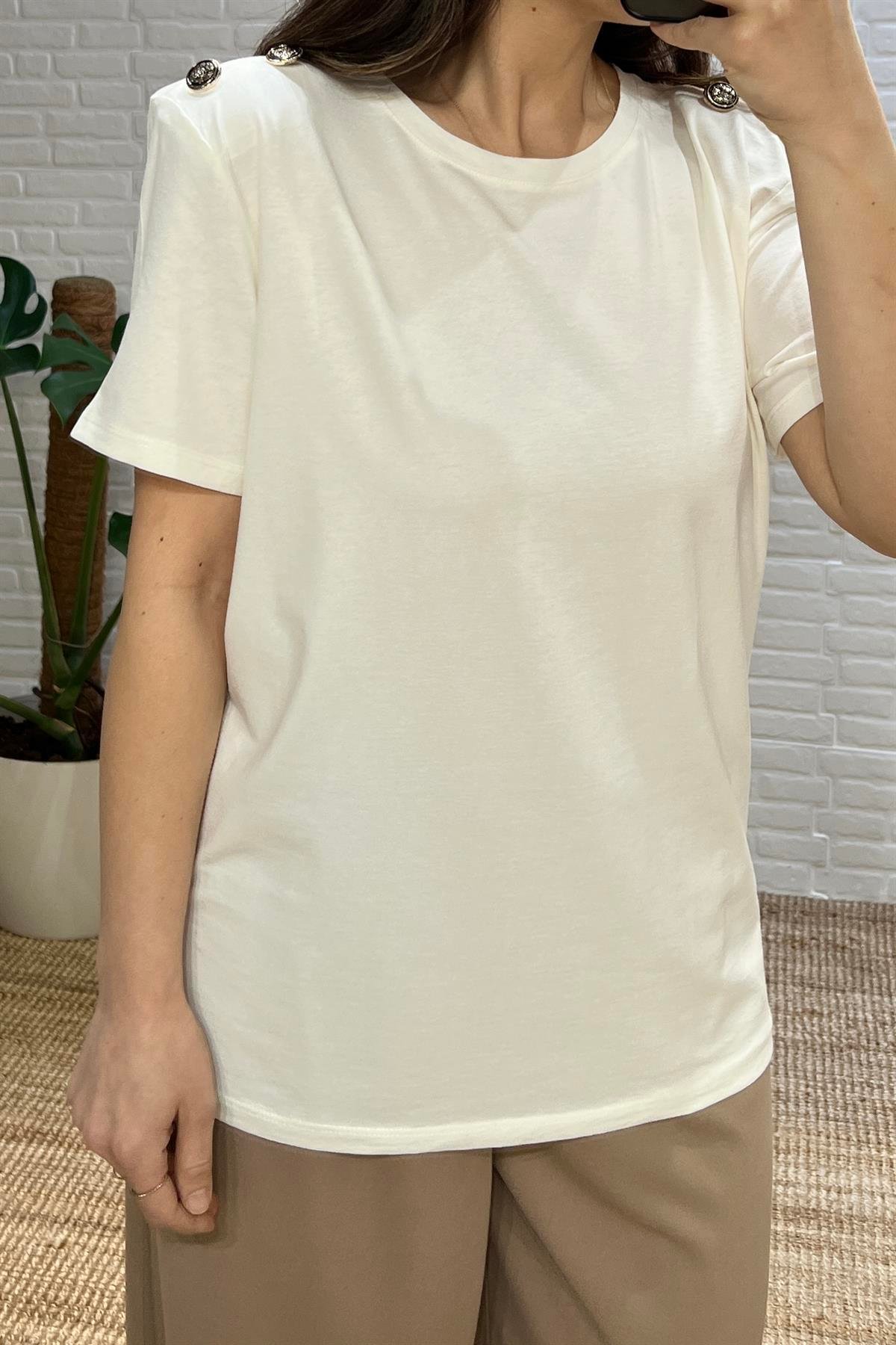 Ekru Vatkalı Düğme Detaylı Tshirt uygun fiyatlarda www.butikhola.com adresinde