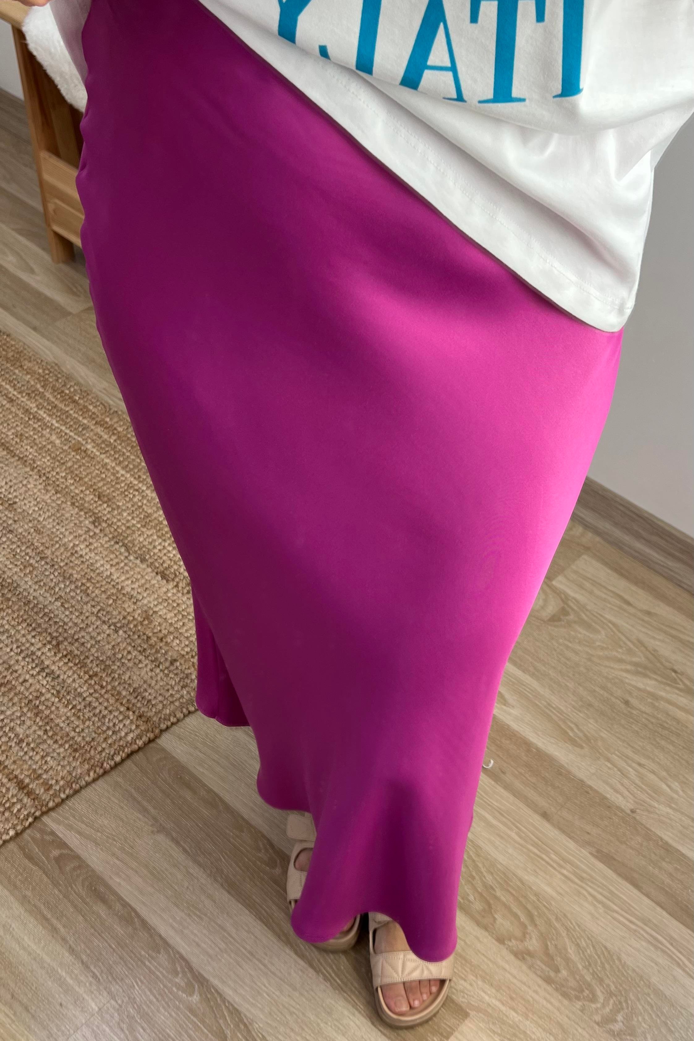 Fuşya Beli Lastikli Saten Etek uygun fiyatlarda www.butikhola.com adresinde