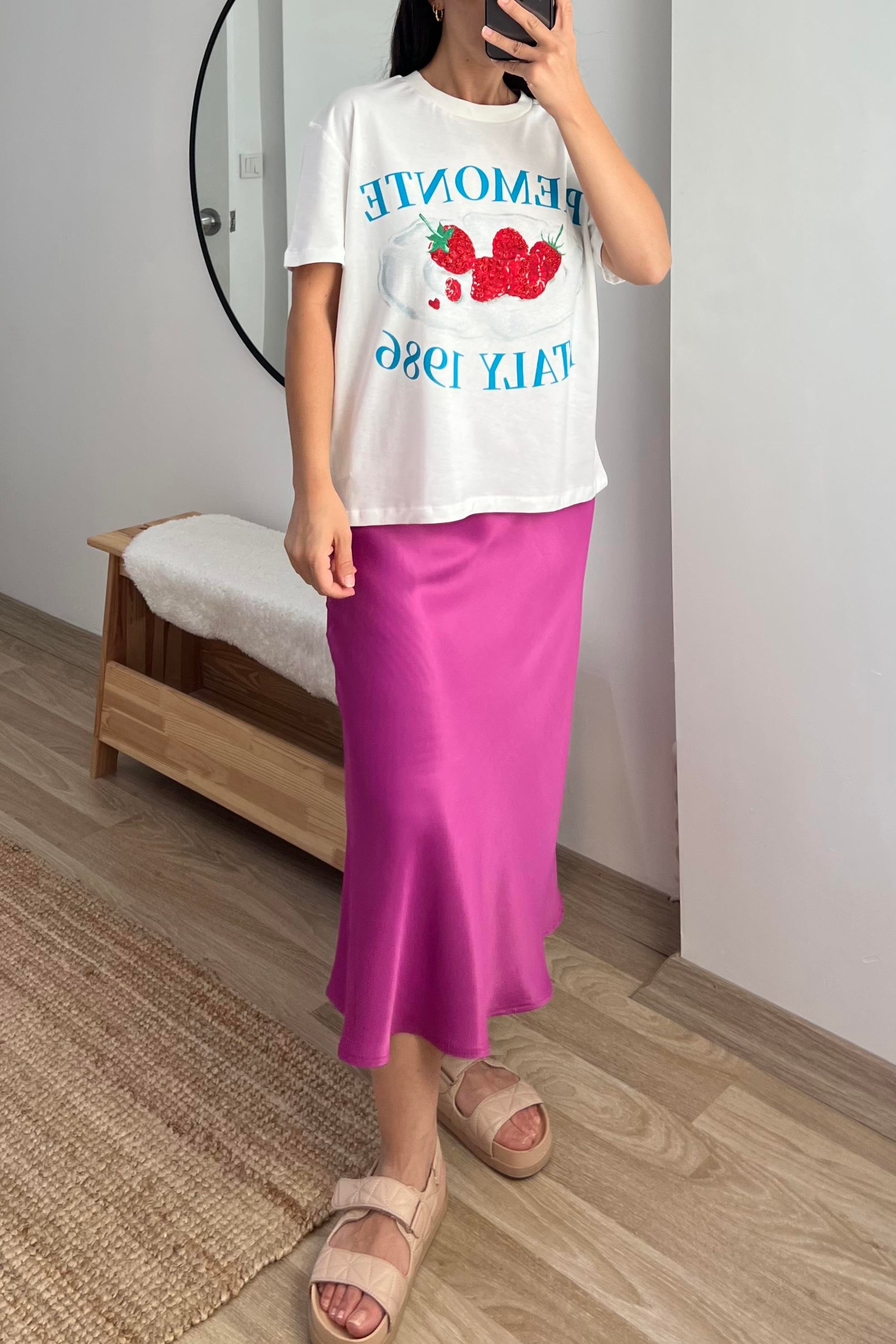 Fuşya Beli Lastikli Saten Etek uygun fiyatlarda www.butikhola.com adresinde
