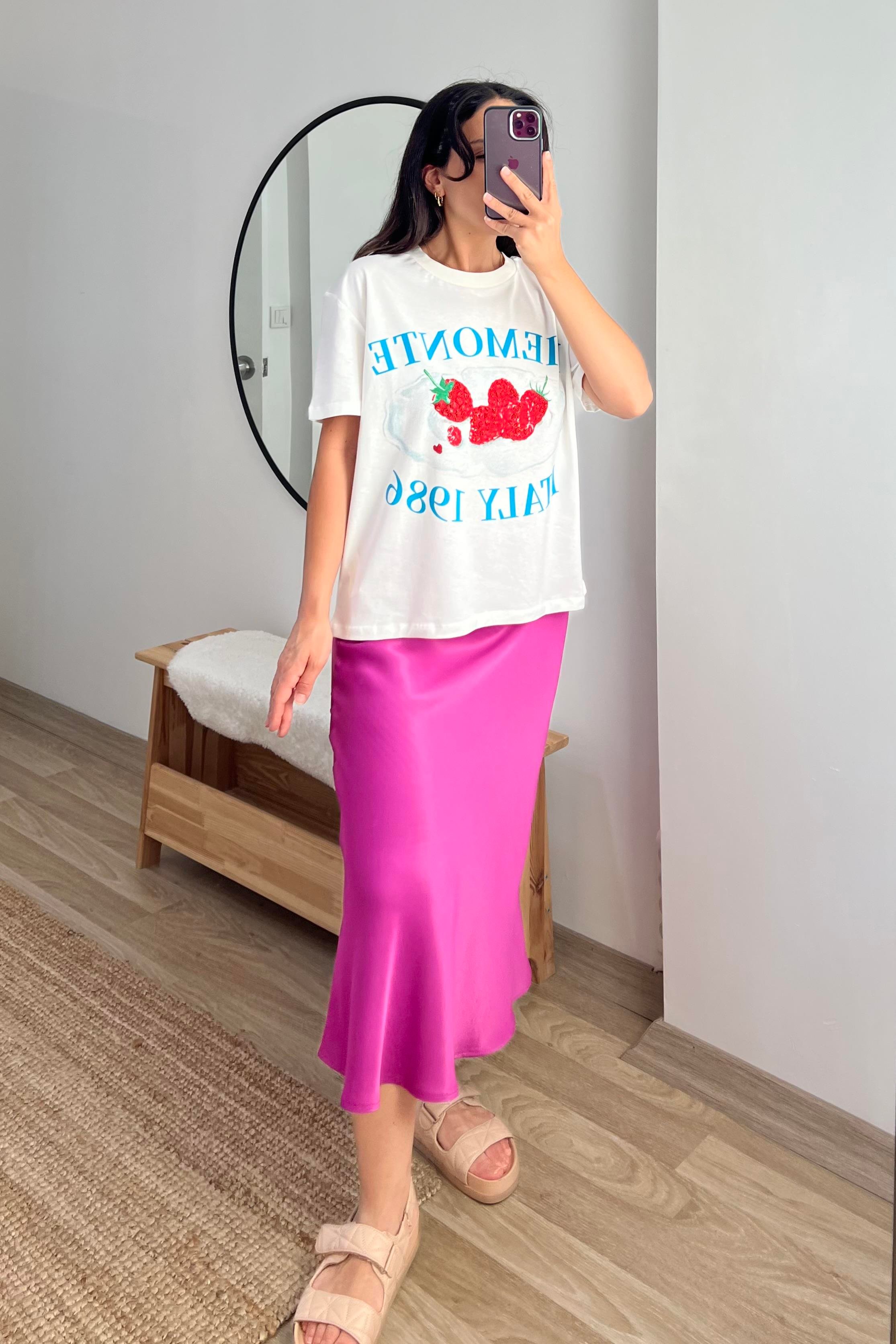Fuşya Beli Lastikli Saten Etek uygun fiyatlarda www.butikhola.com adresinde