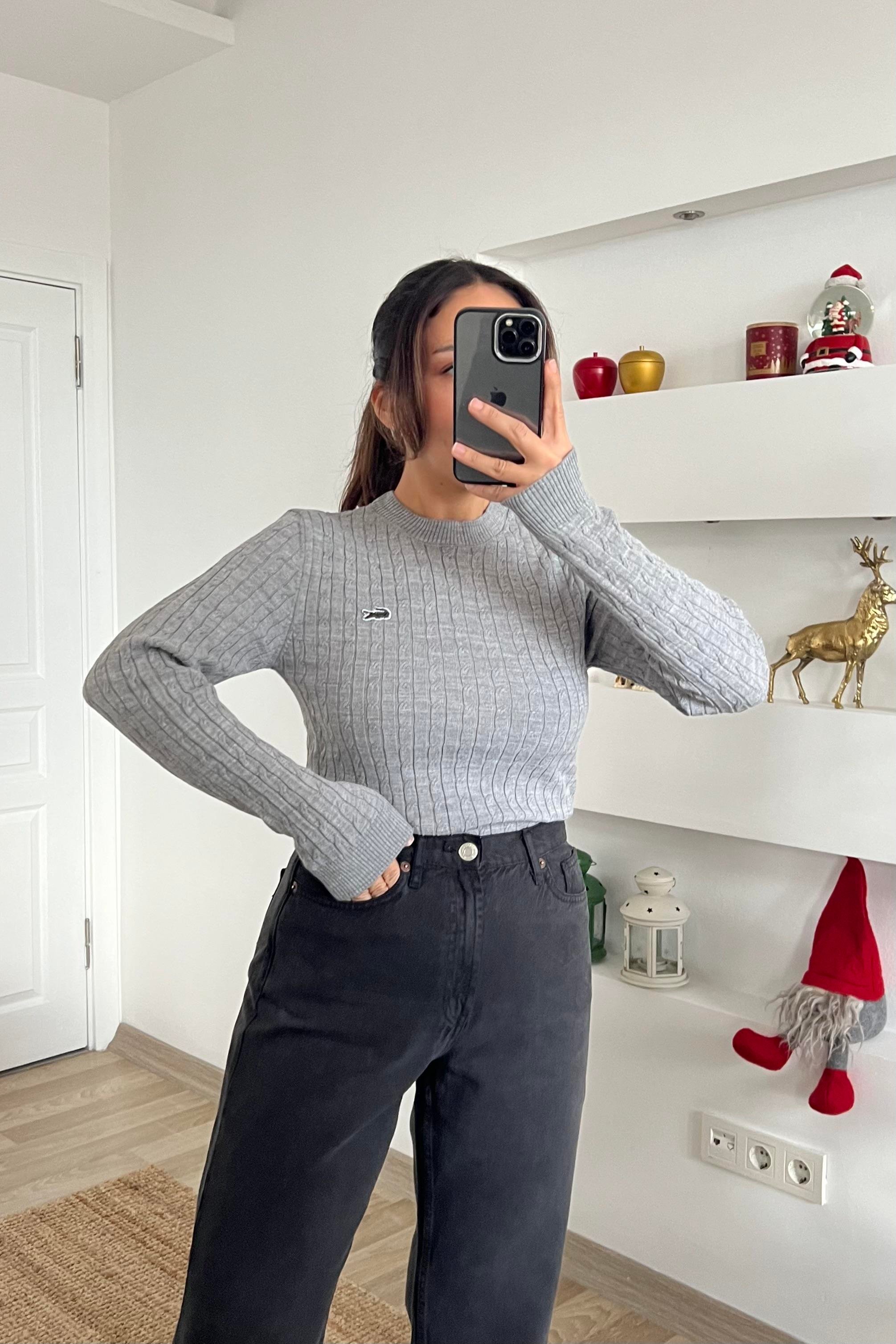 Gri Arma Nakışlı Saç Örgülü Kazak uygun fiyatlarda www.butikhola.com adresinde