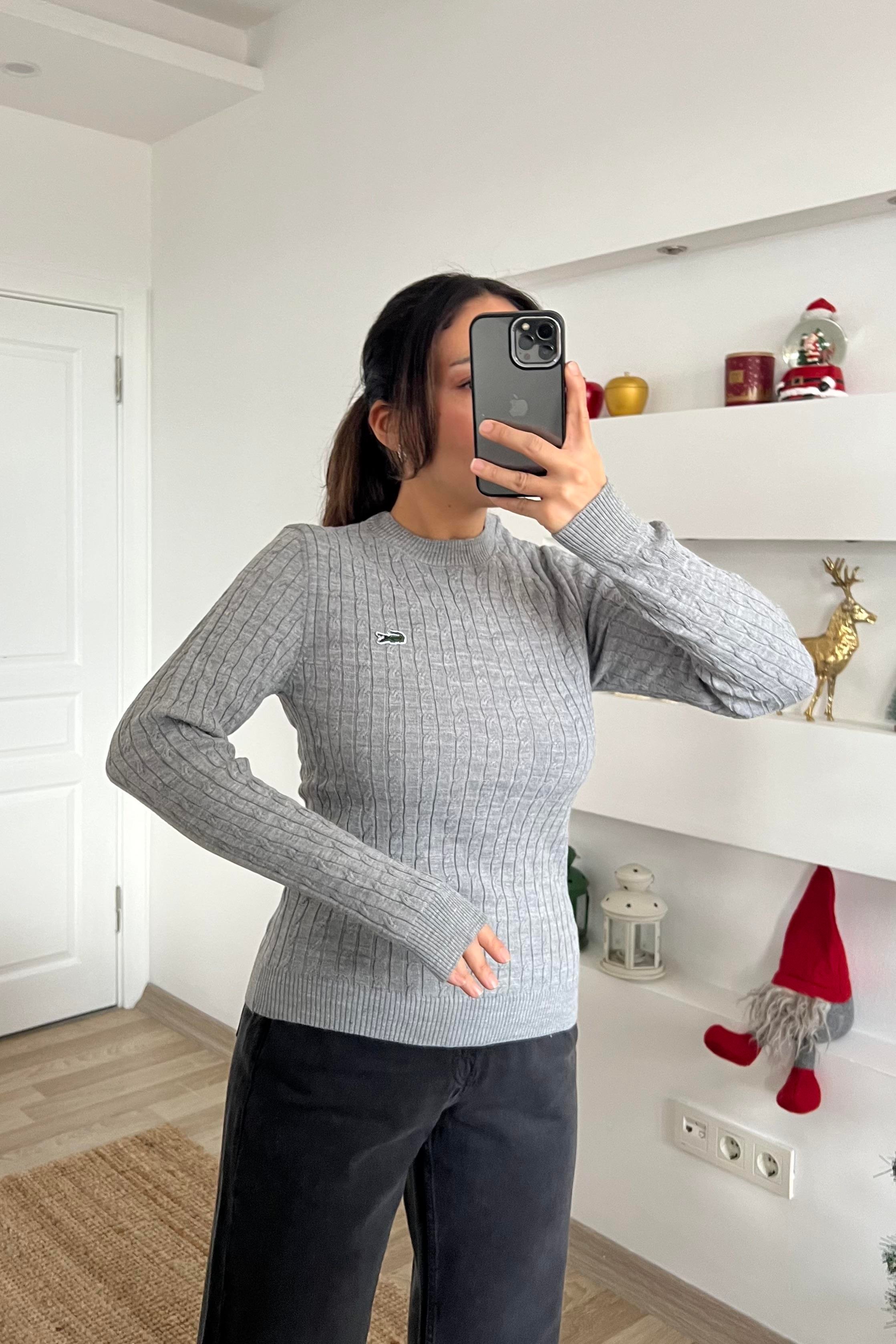 Gri Arma Nakışlı Saç Örgülü Kazak uygun fiyatlarda www.butikhola.com adresinde