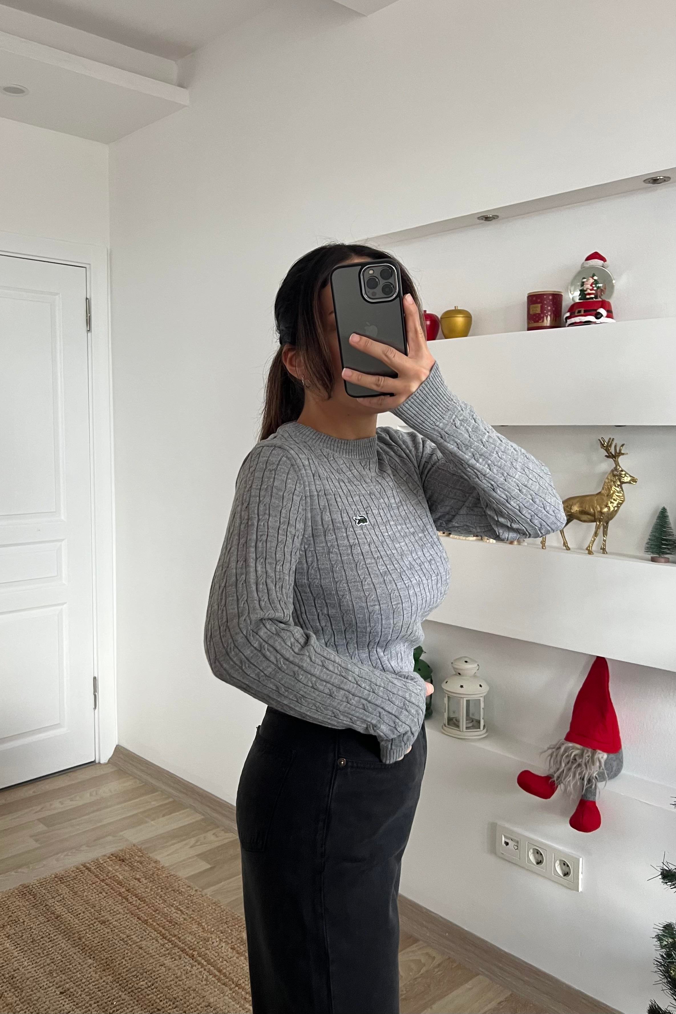Gri Arma Nakışlı Saç Örgülü Kazak uygun fiyatlarda www.butikhola.com adresinde