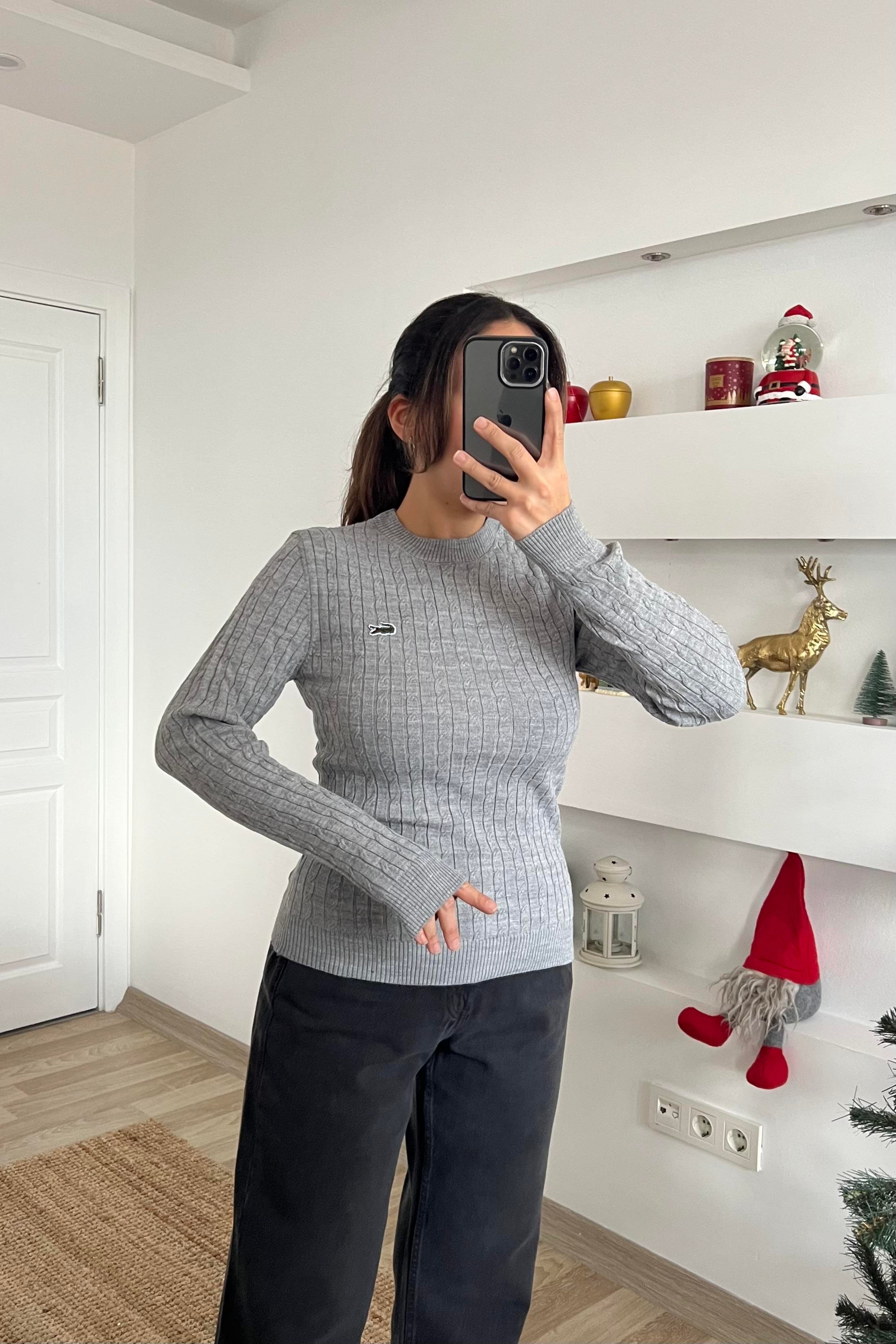 Gri Arma Nakışlı Saç Örgülü Kazak uygun fiyatlarda www.butikhola.com adresinde