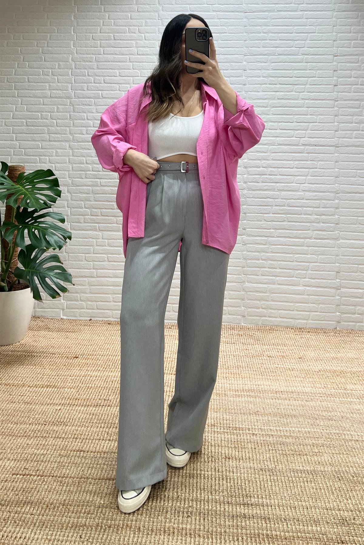 Gri Beli Kemerli Palazzo Pantolon uygun fiyatlarda www.butikhola.com adresinde