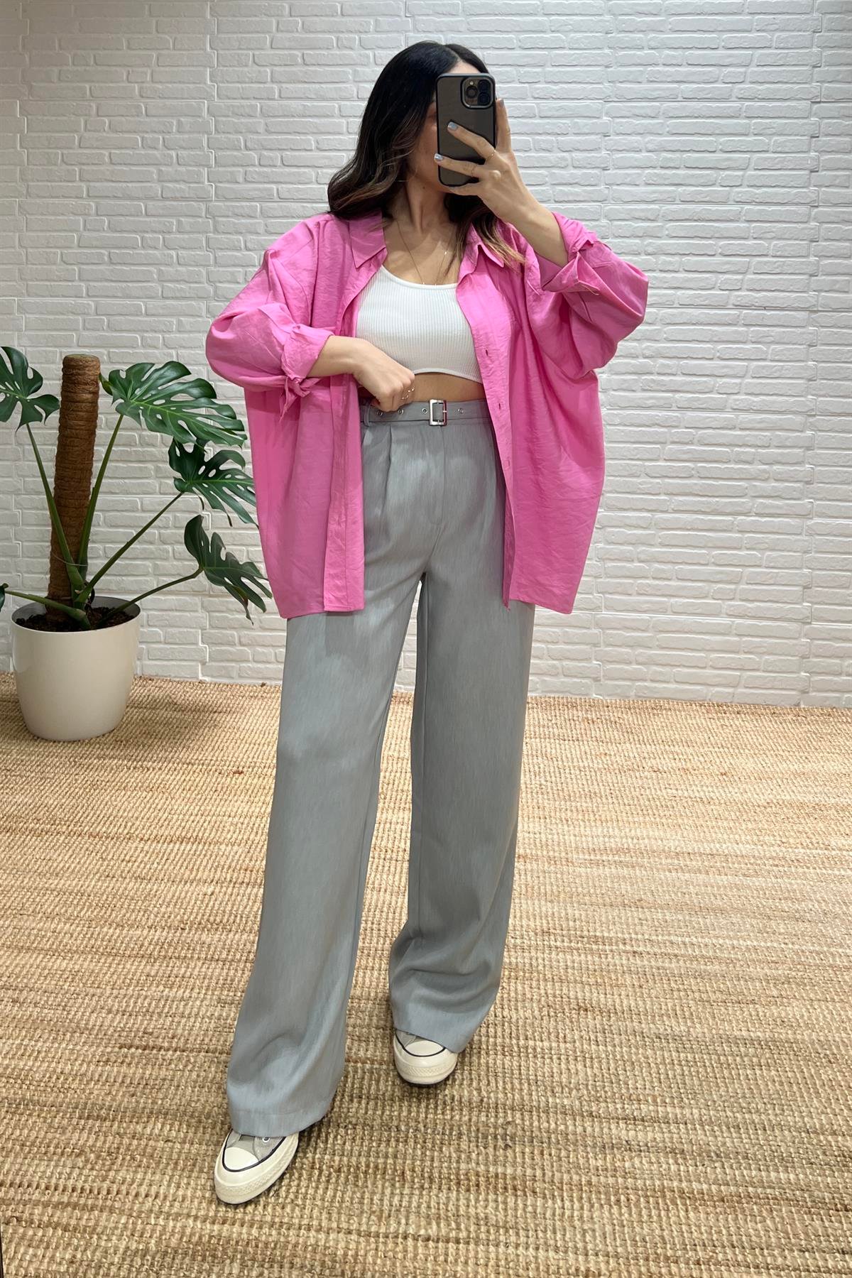 Gri Beli Kemerli Palazzo Pantolon uygun fiyatlarda www.butikhola.com adresinde