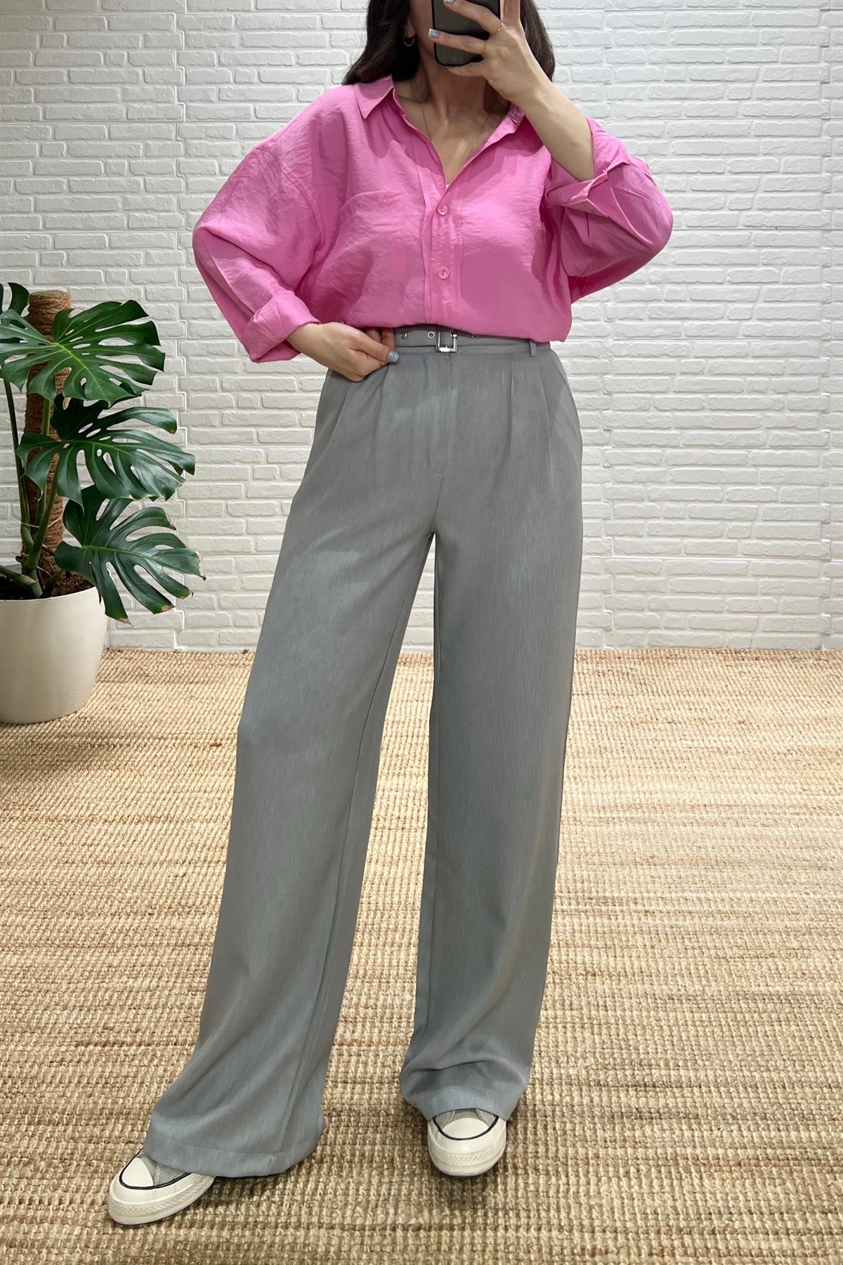Gri Beli Kemerli Palazzo Pantolon uygun fiyatlarda www.butikhola.com adresinde