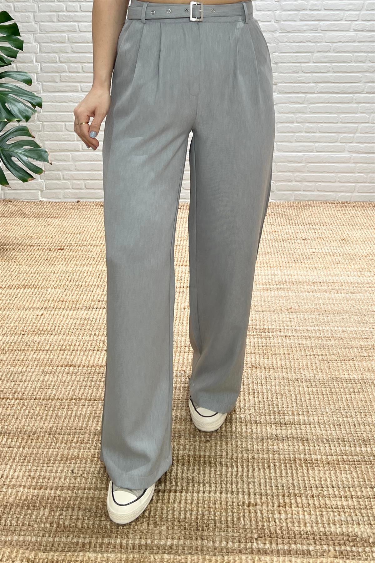 Gri Beli Kemerli Palazzo Pantolon uygun fiyatlarda www.butikhola.com adresinde