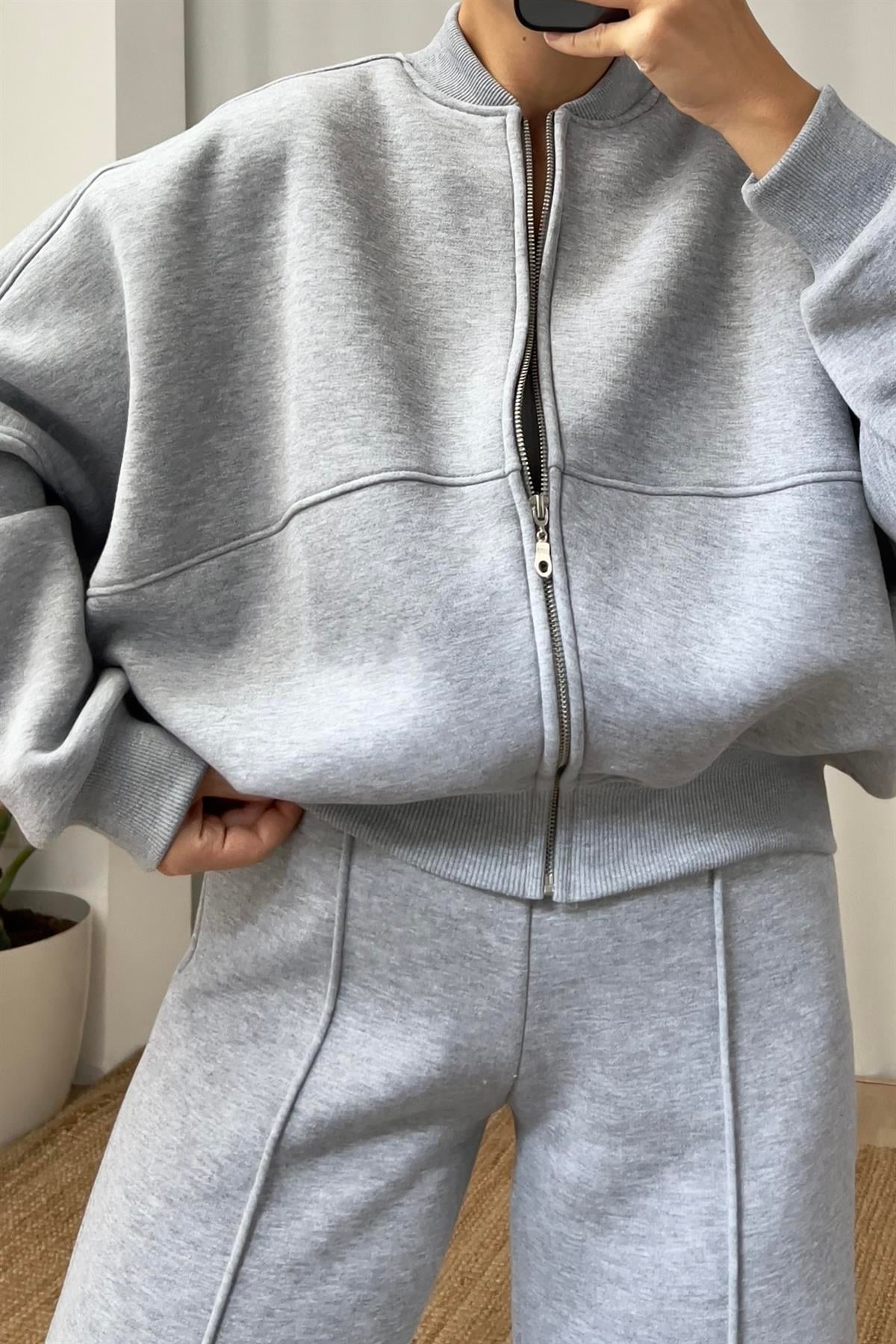 Gri Fermuarlı Bomber Sweatshirt  uygun fiyatlarda www.butikhola.com adresinde