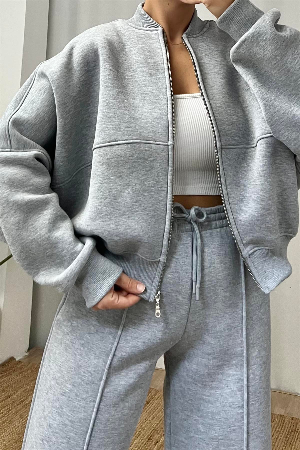 Gri Fermuarlı Bomber Sweatshirt  uygun fiyatlarda www.butikhola.com adresinde
