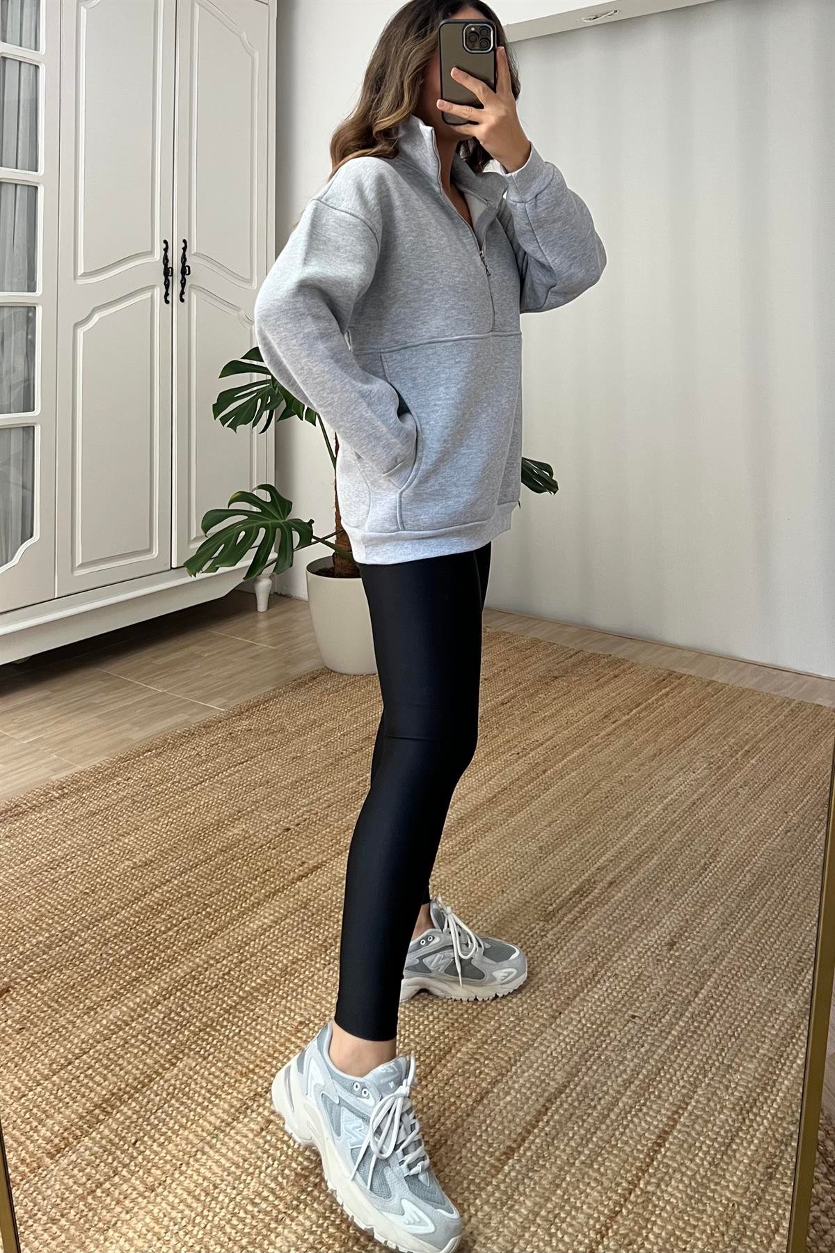 Gri Fermuarlı Kanguru Cep Sweatshirt uygun fiyatlarda www.butikhola.com adresinde