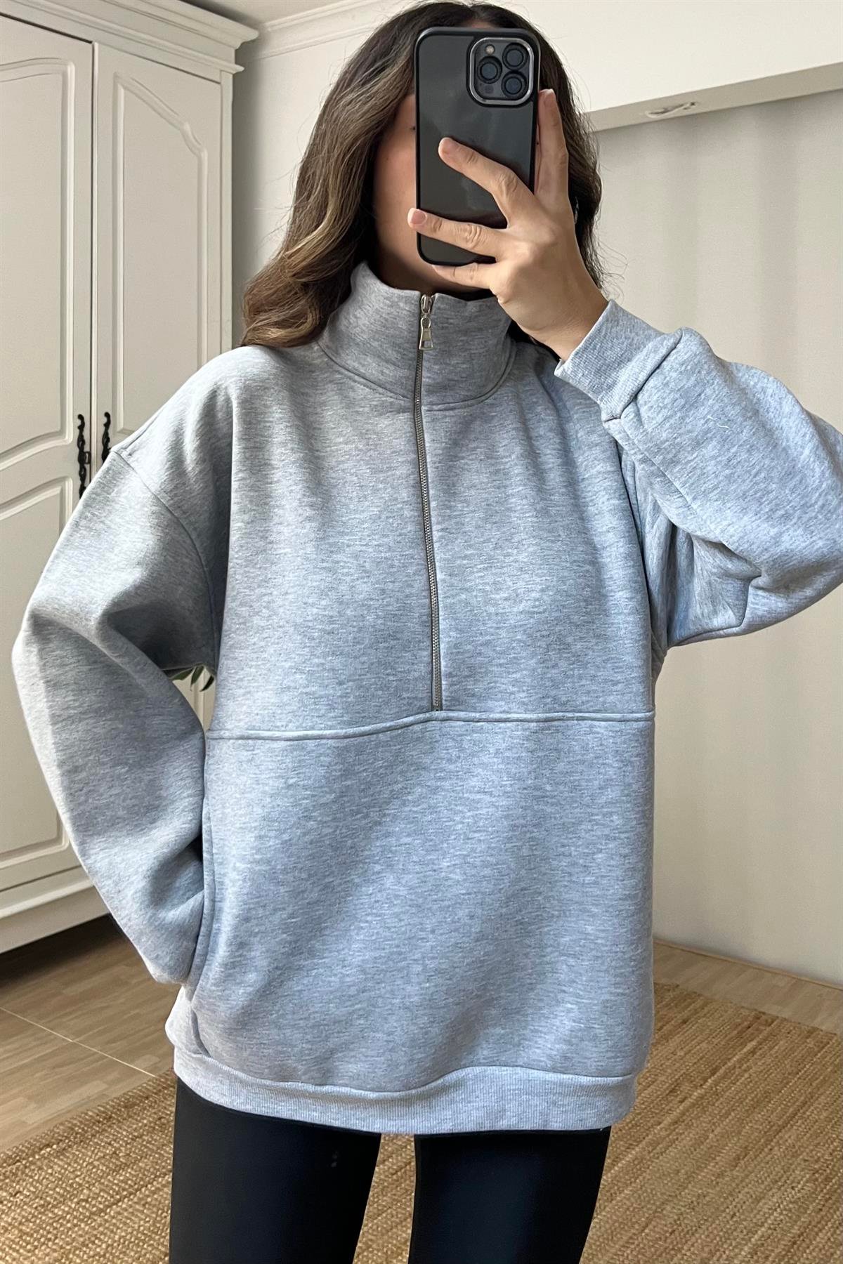 Gri Fermuarlı Kanguru Cep Sweatshirt uygun fiyatlarda www.butikhola.com adresinde